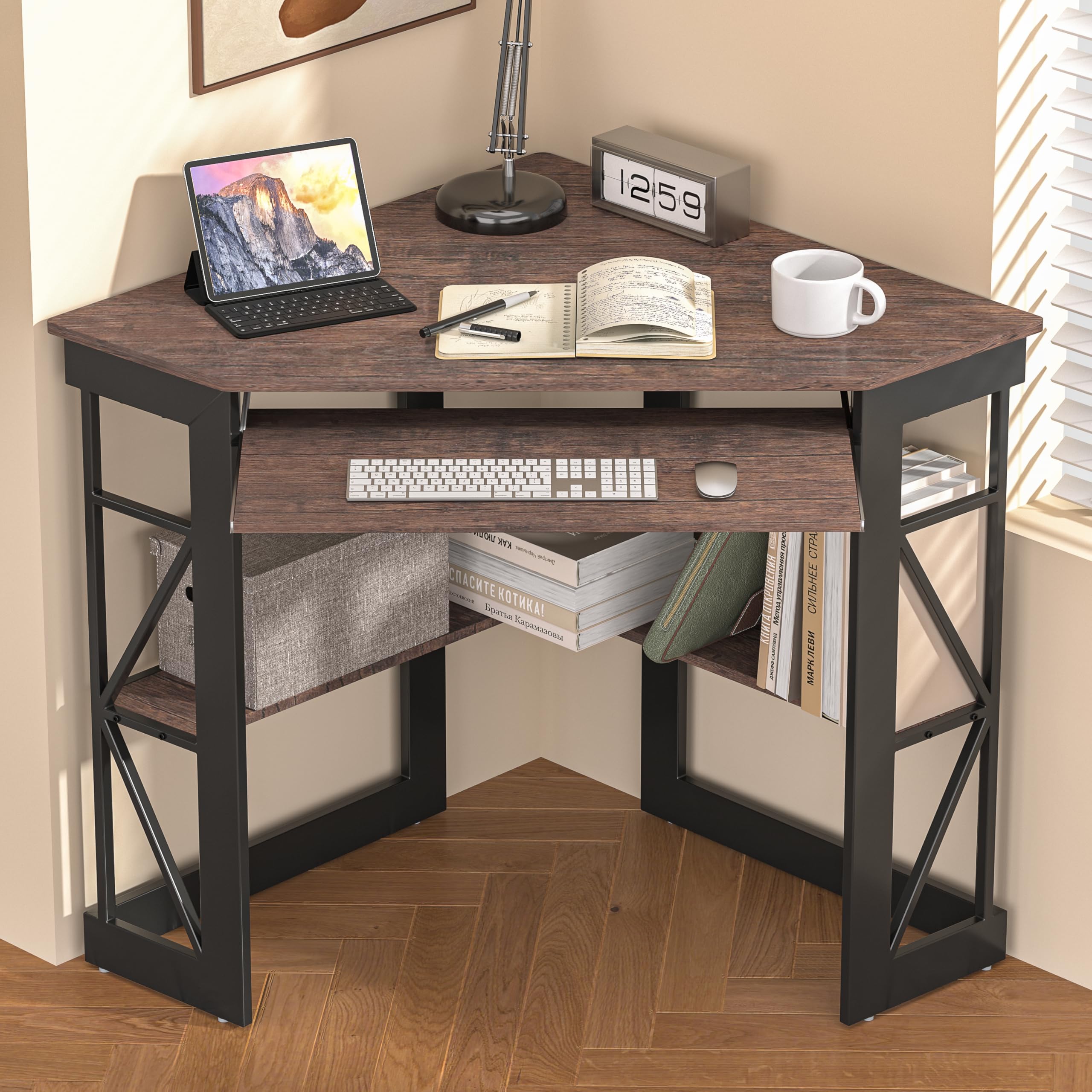 VECELO Corner Desk Computer Desk Writing Table with Smooth Keyboard Tray & Storage Shelves,Compact Home Office Triangle Table,Antique Brown