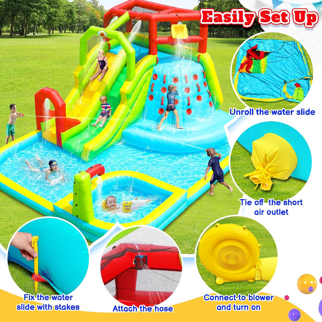 WELLFUNTIME Inflatable Water Slide Park, Bouncy Castle with Deep Pool, 191 x 157.5 x 100 Inch, Jumping Castle with Air Blower