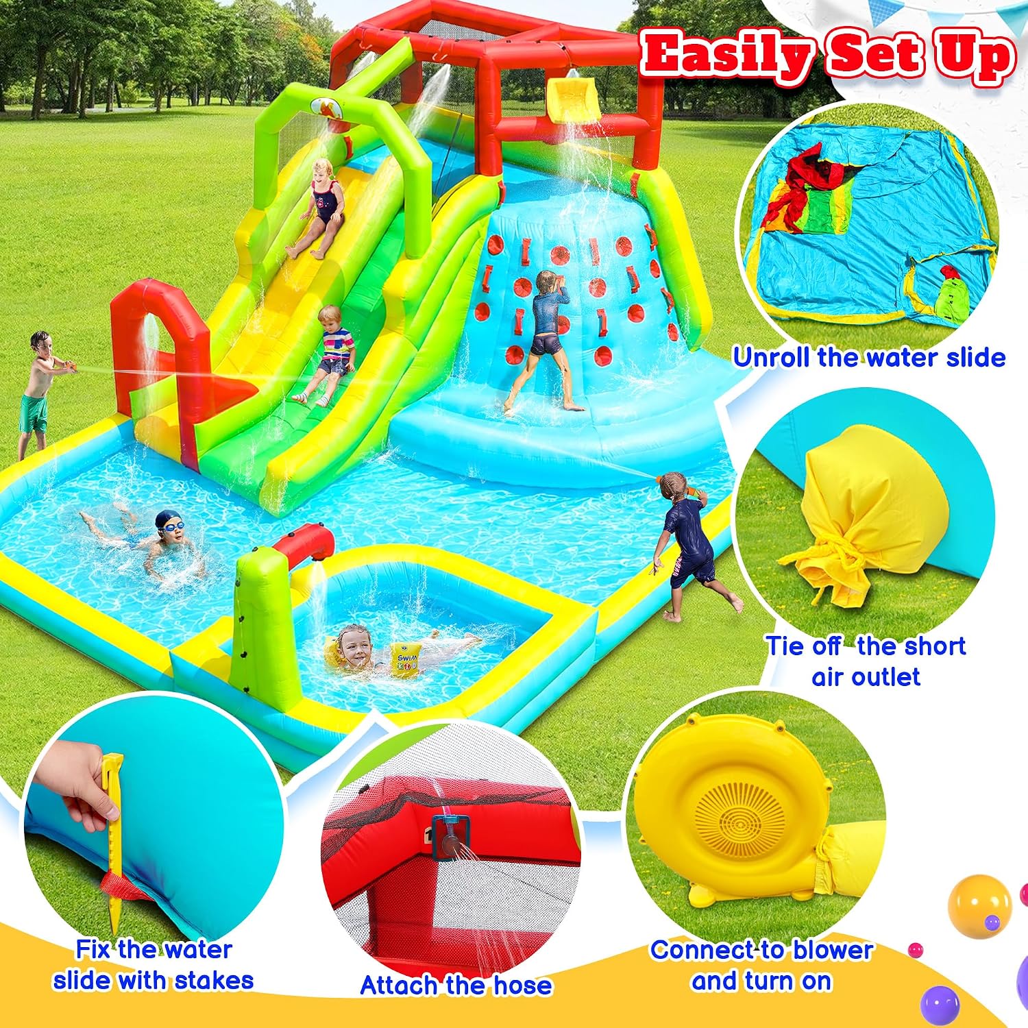 WELLFUNTIME Inflatable Water Slide Park, Bouncy Castle with Deep Pool, 191 x 157.5 x 100 Inch, Jumping Castle with Air Blower