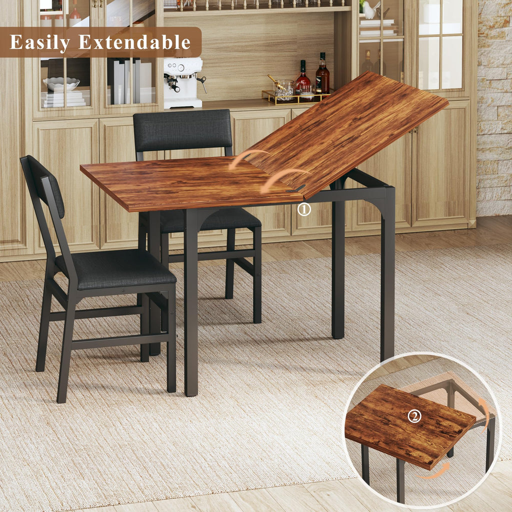 HUAHUU Dining Table Set for 4, Extendable Kitchen Table Cushion Chairs Set of 4, Rectangle Dining Table with Metal Frame & MDF Board, Folding for Small Apartment Saving Space, Black