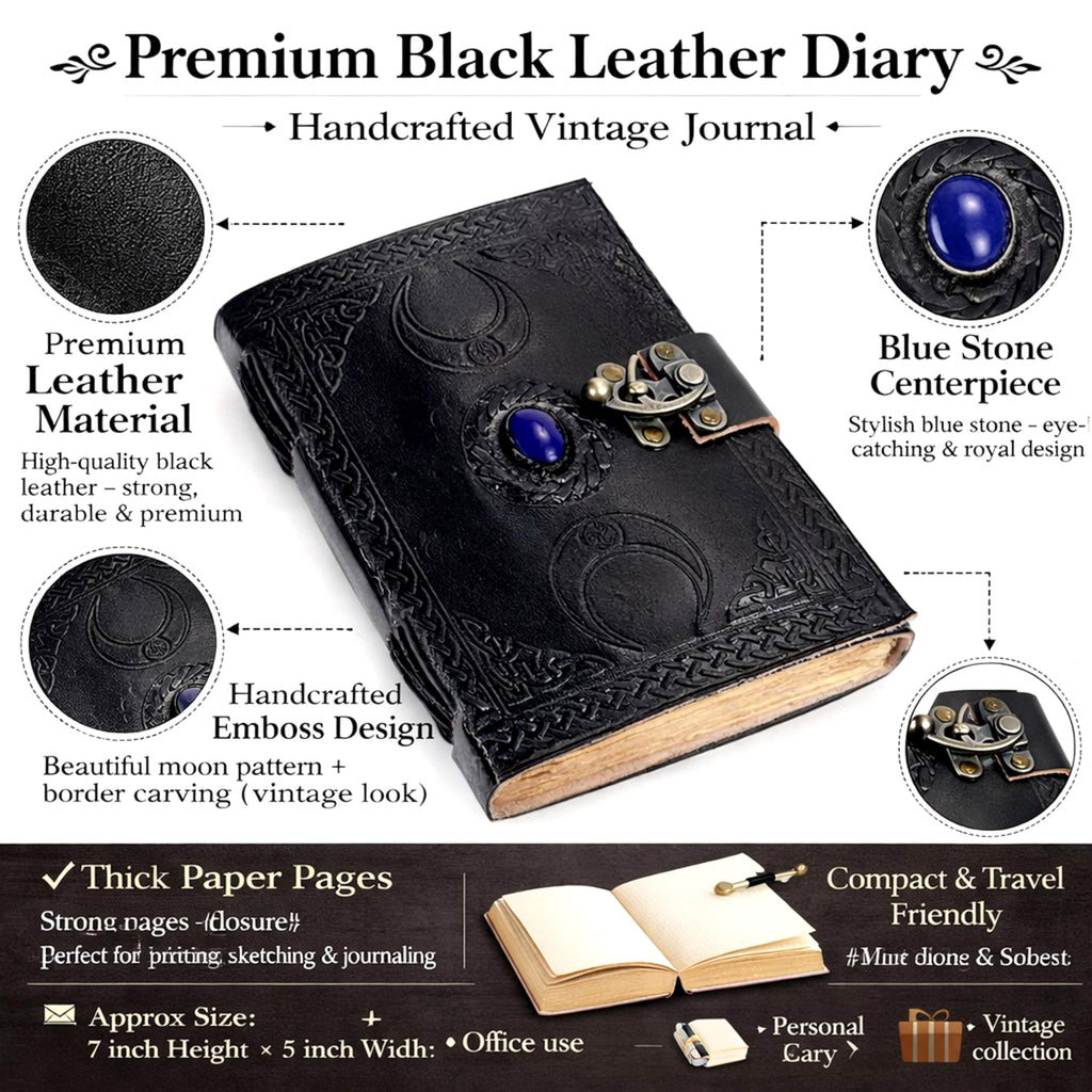 3 Moon Blue Lapis Embossed Vintage Leather Journal | 240 Pages of Antique Handmade Deckle Edge Vintage Paper, Leather Sketchbook, Drawing Journal, Great Gift (5 by 7 inch, black)