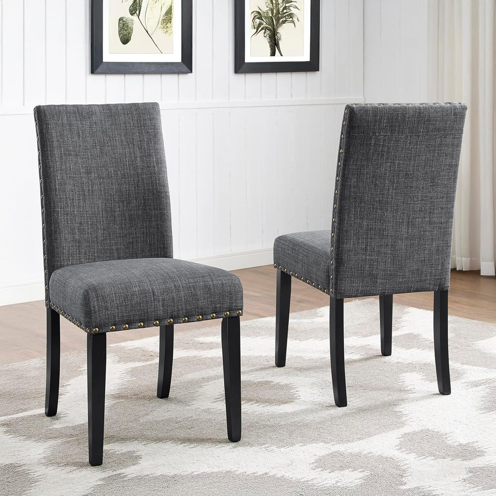 Roundhill Furniture Biony Gray Fabric Dining Chairs with Nailhead Trim, Pack of 2