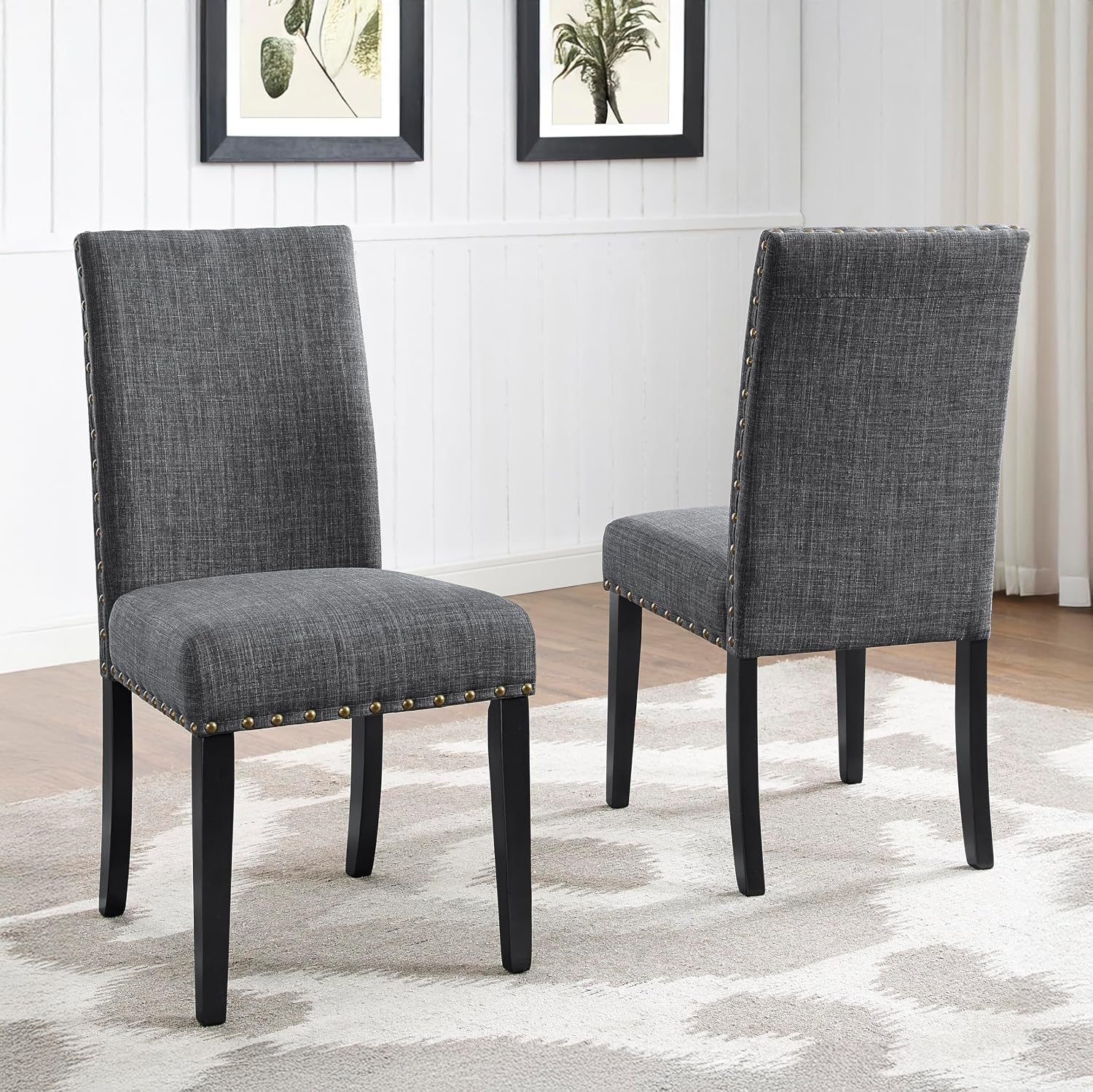 Roundhill Furniture Biony Gray Fabric Dining Chairs with Nailhead Trim, Pack of 2