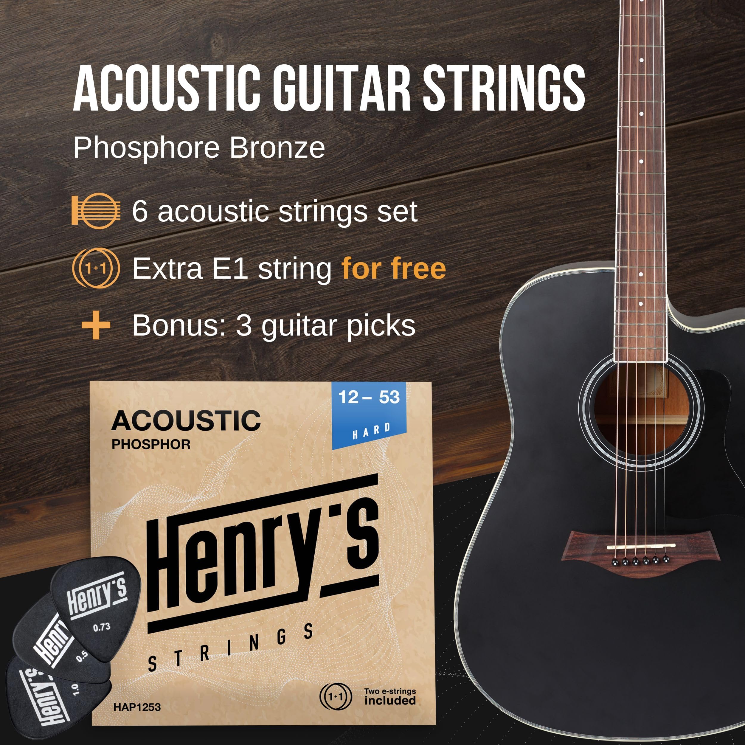 Light Acoustic Guitar Strings 10-47 - Brilliant Sound & Extra E1 String & 3xGuitar Picks - Phosphor Bronze Guitar Strings Acoustic - Acoustic Guitar Strings 6 String Set