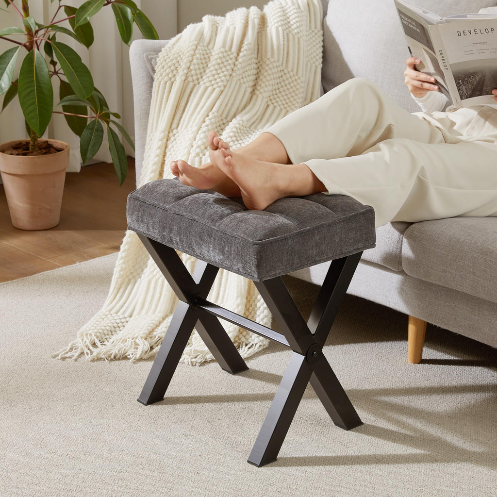 Royal Windsor Vanity Stool with Saddle Cushion, 18 Inch Makeup Vanity Chair for Living Room, Modern Foot Stool Ottoman Piano Bench,Small Upholstered Bench for Bedroom, Beige