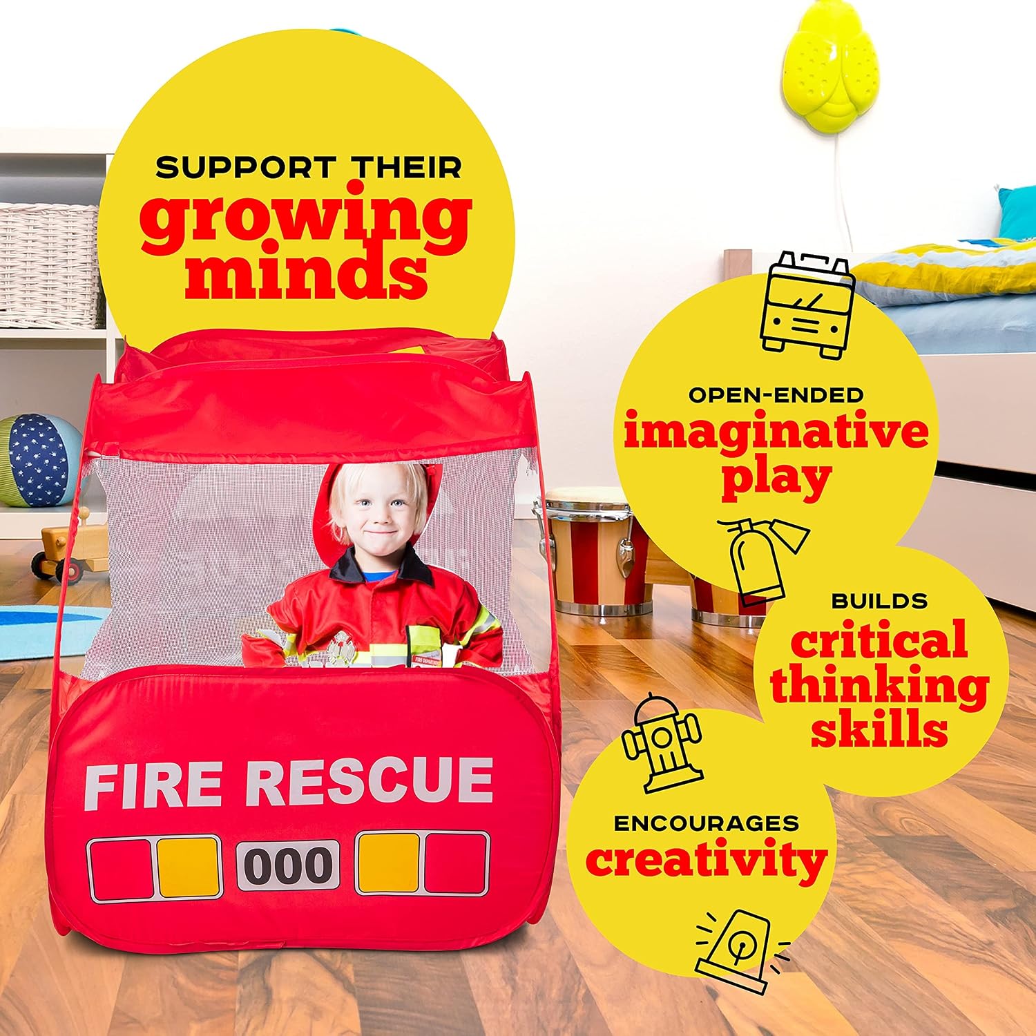 Kiddey Fire Truck Tent for Kids | Firetruck Play Tents with Sirens and Fireman Sounds for Girls, Boys, & Toddlers Gifts | Red Fire Engine Pop Up Playhouse with Costume | Indoor & Outdoor Baby Tent