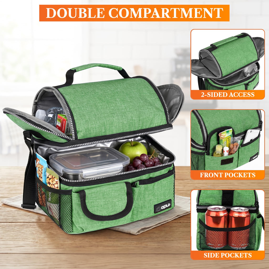 opux Insulated Lunch Bag Women Men, Dual Compartment Leakproof Lunch Box Adults Kids, Double Decker Meal Prep Bento Lunch Cooler Tote with Shoulder Strap for Work Office School Travel, Black