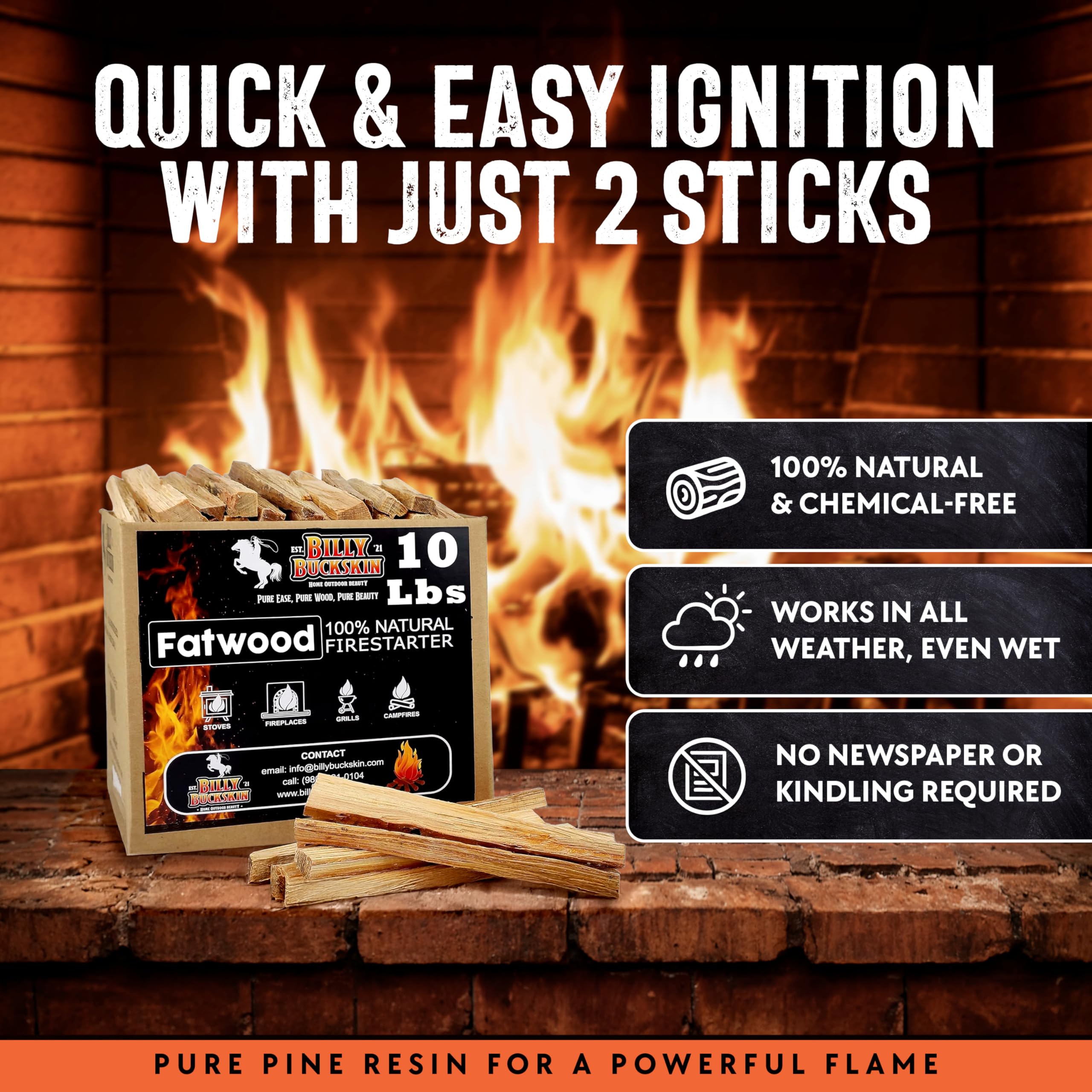 2lb Fatwood Fire Starter Sticks | 100% Natural Fire Starters for Campfires, Firepit, Wood Stoves, Fireplaces, BBQ | Start a Fire w/Just 2 Sticks | Camping Essentials by Billy Buckskin (2lb Bag)