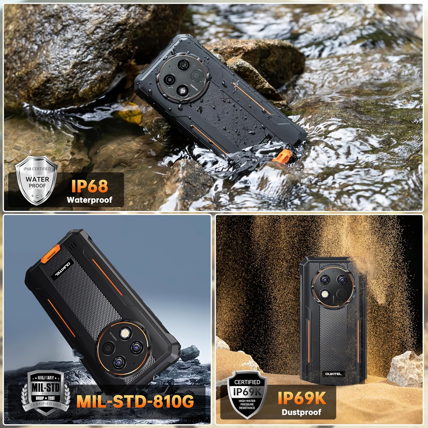 G1 Rugged Smartphone Unlocked - 24+256GB/1TB Android 15 Rugged Cellphones, 6.52” HD Display IP68/IP69K 10600mAh Battery 48MP Rear Camera Waterproof Phone, Fingerprint/Dual Sim/NFC 2025