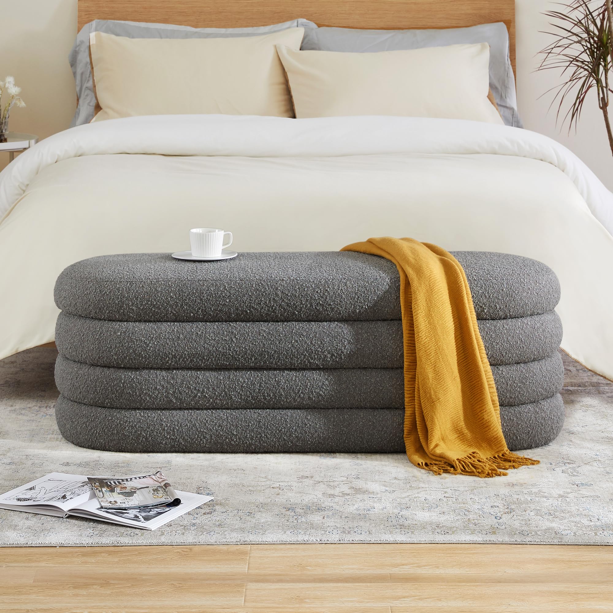 Busaurus Storage Ottoman Bench 49.2 Inch Upholstered Fabric Storage Bench for Bedroom End of Bed Aesthetic Large Oval Ottoman for Living Room Entryway (Black)