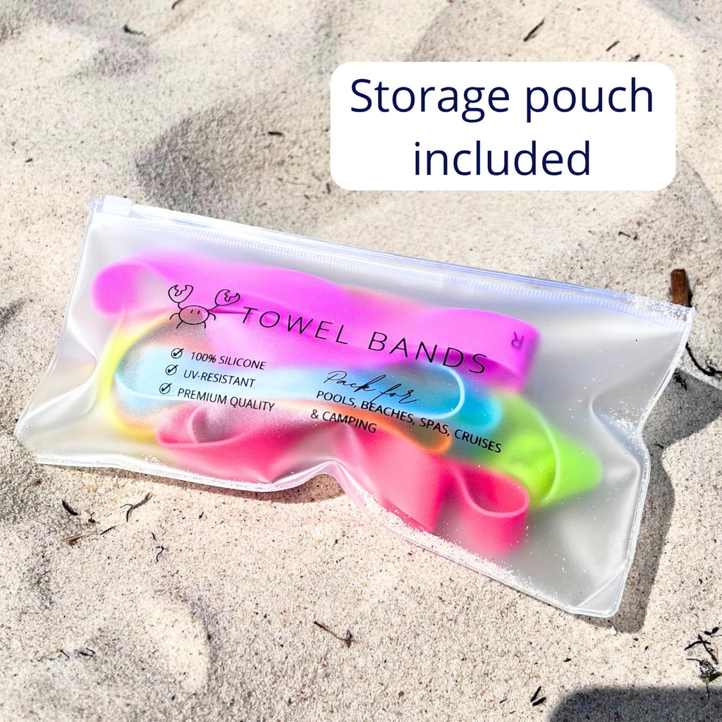 Towel Crabber Towel Bands (6-Pack), Beach Pool & Cruise Chairs, Extra Durable, Cruise Ship & Beach Essentials, Alternative to Beach Towel Clips (3 Regular + 3 Glow in The Dark)