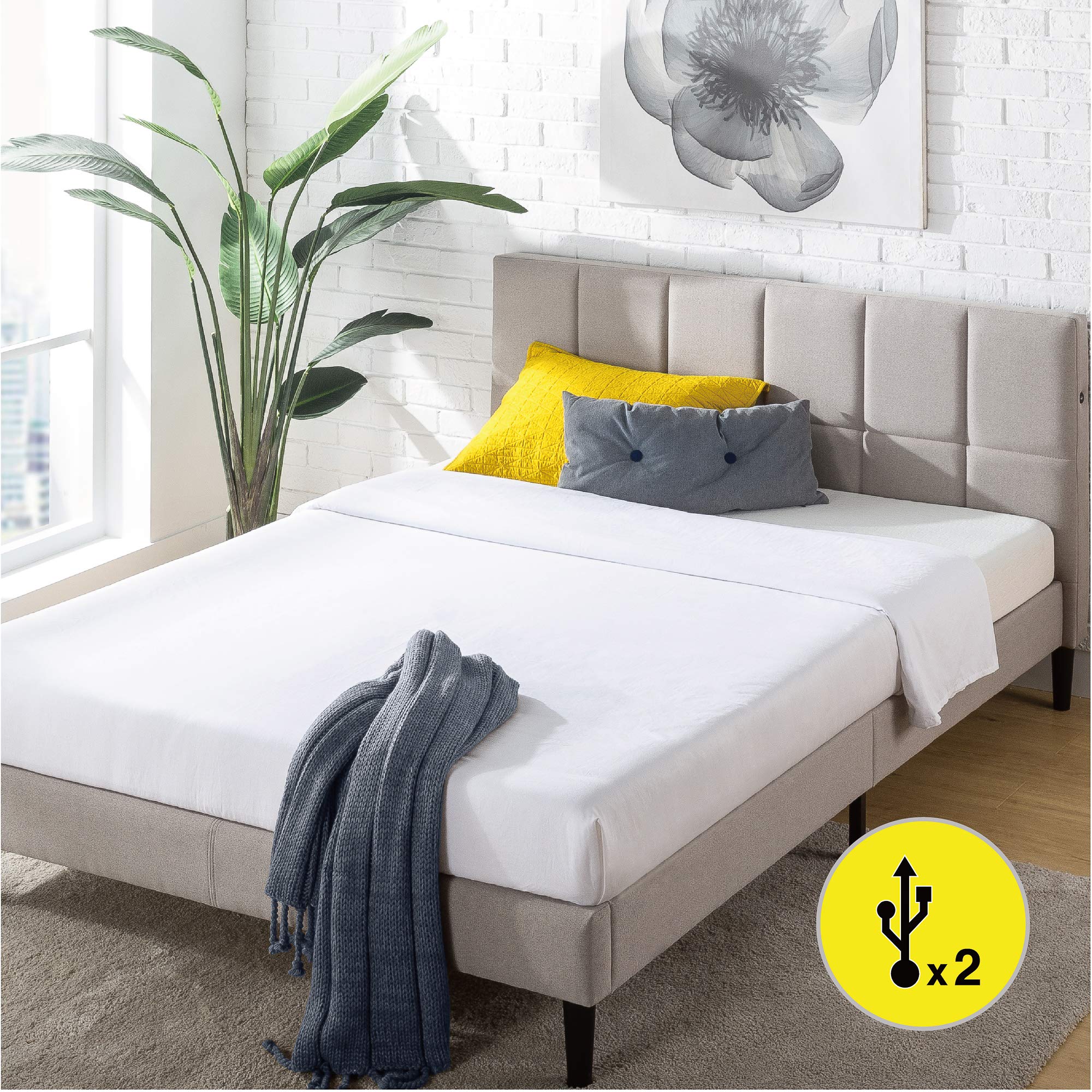 ZINUS Lottie Upholstered Platform Bed Frame with Short Headboard, Mattress Foundation, Wood Slat Support, No Box Spring Needed, Easy Assembly, Beige, Full