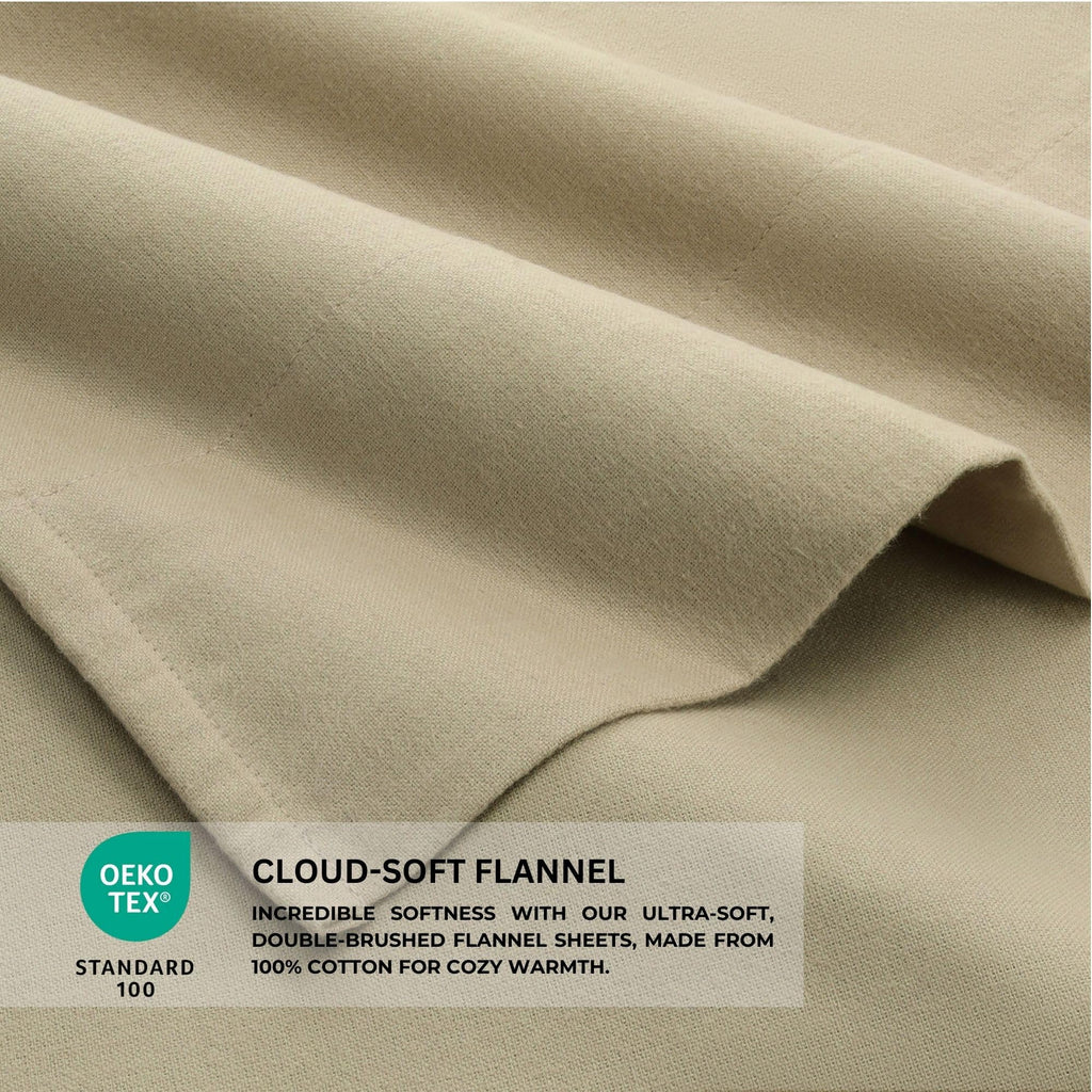 Featherhead 100% Cotton 4PCs Flannel Sheet Set | Double-Brushed for Extra Softness, Warm & Breathable, Extra Deep Pockets fits Up to 17” (Beige, Twin)