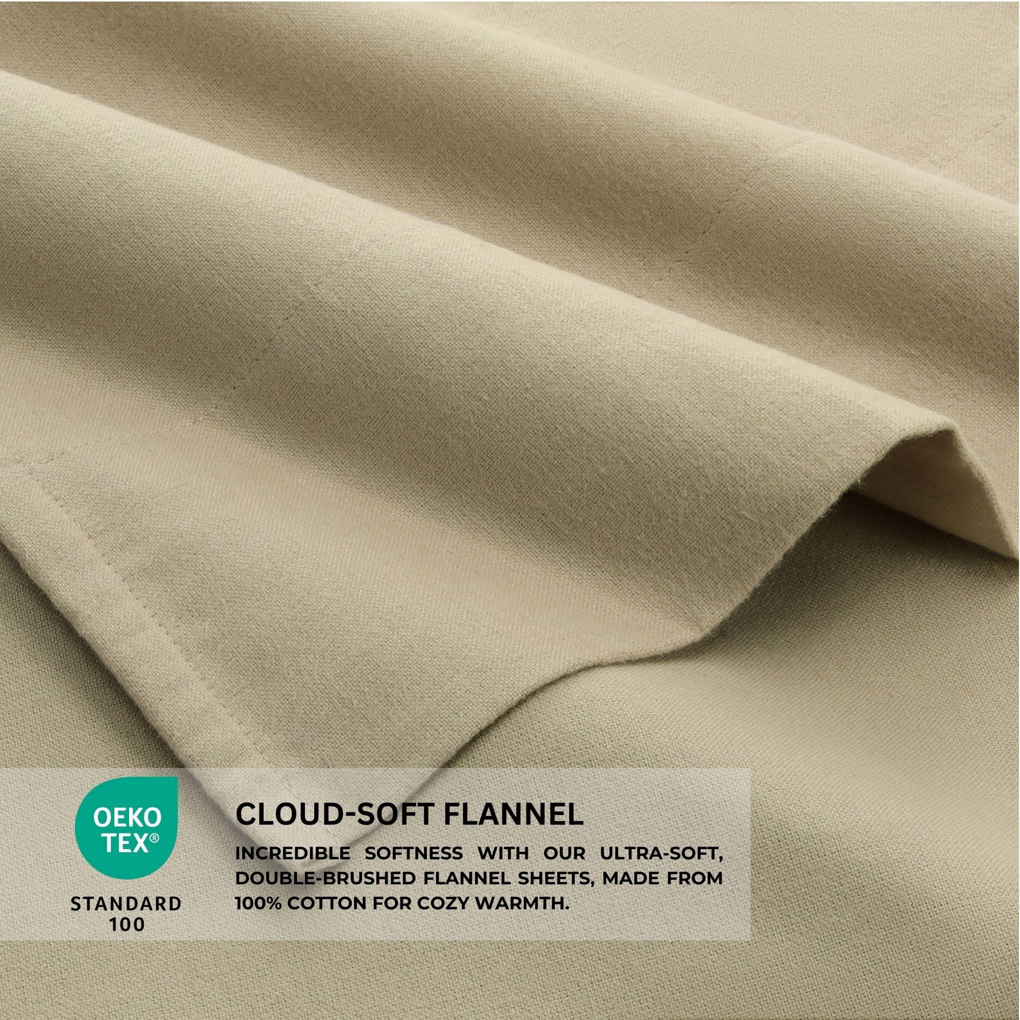 Featherhead 100% Cotton 4PCs Flannel Sheet Set | Double-Brushed for Extra Softness, Warm & Breathable, Extra Deep Pockets fits Up to 17” (Beige, Twin)