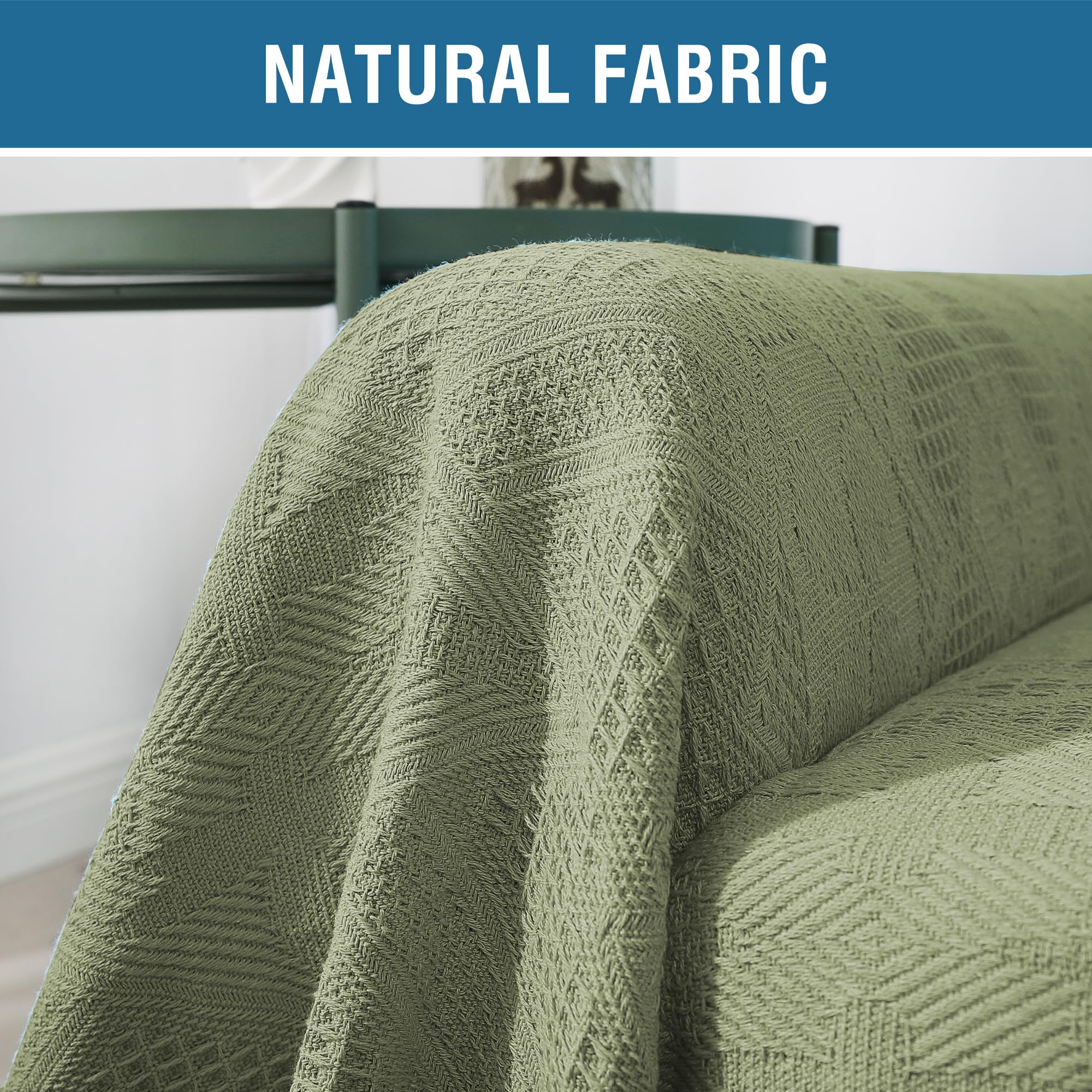 H.VERSAILTEX Cotton Sofa Covers Couch Cover Sofa Slipcover for Most Shape Sofas, Feature Thick Woven Jacquard Seamless with Tassels, Multi-Use Decorative for Couch (Medium: 71" x 91", Green)