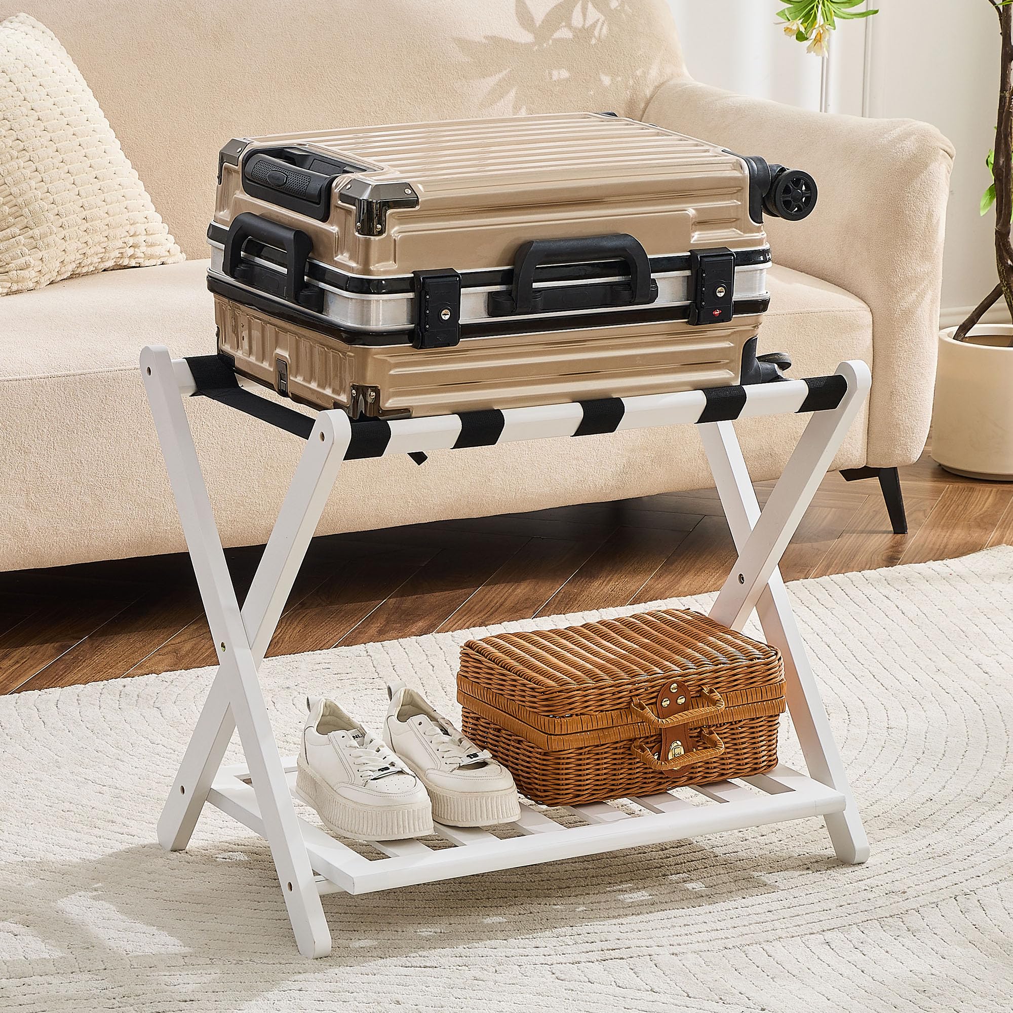 oakvivo Fully Assembled Black Luggage Rack for Guest Room, Bamboo Foldable Suitcase Stand with 5 Nylon Straps, Upgraded Luggage Rack Holder with Shelf for Bedroom Hotel, Holds up to 165 Lbs, 1pcs