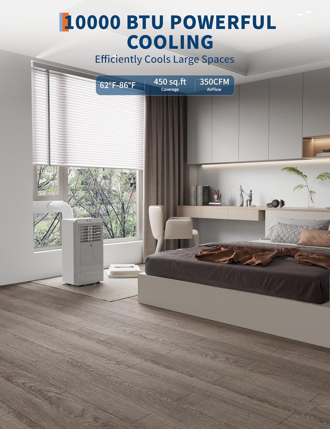 10,000 BTU Portable Air Conditioner - Portable AC Unit for Bedroom up to 450 Sq. Ft, Cooling, Fan & Dehumidifier, Floor Standing Air Conditioner, 24H Timer, Window Kit Included, Black&Grey Top Cover