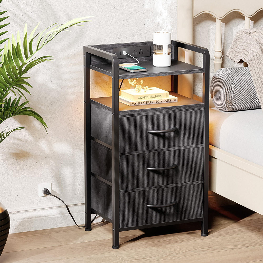 Lazzanto Night Stand Bedside Charger Bedroom - Nightstand with Charging Station & LED Light Strip, Night Stand with Storage Shelf & 2 Fabric Drawers, Morden End Table with U-S-B Ports & AC Outlets