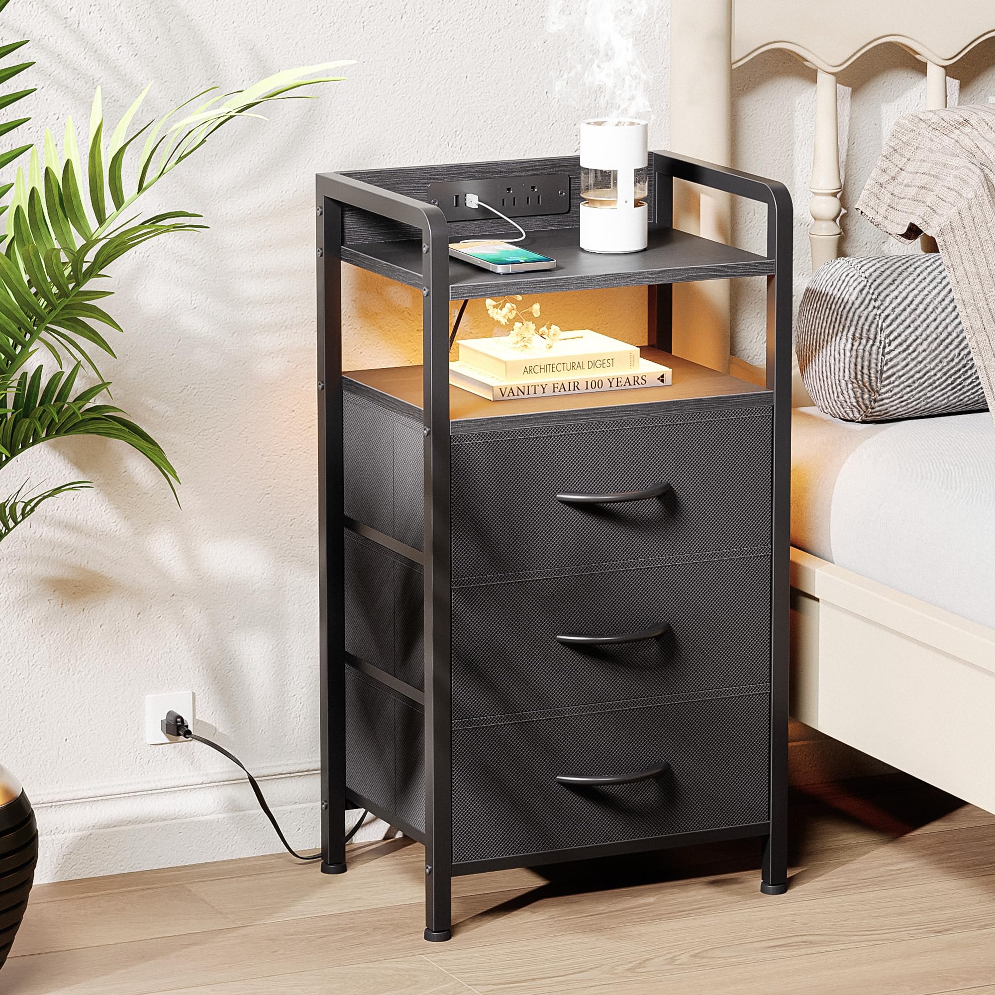 Lazzanto Night Stand Bedside Charger Bedroom - Nightstand with Charging Station & LED Light Strip, Night Stand with Storage Shelf & 2 Fabric Drawers, Morden End Table with U-S-B Ports & AC Outlets