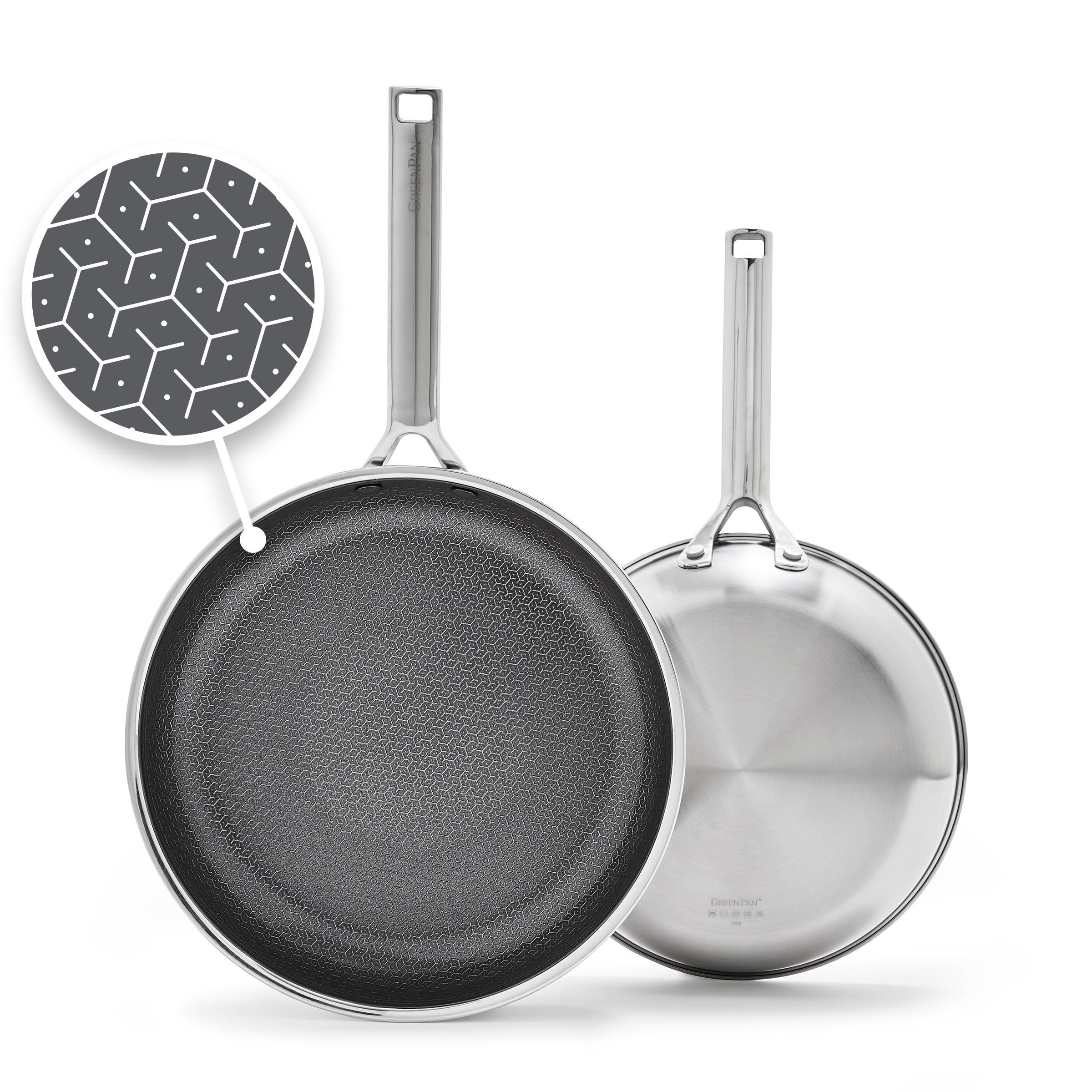 GreenPan Hybrid 9.5” & 11” Nonstick Stainless Steel Frying Pan Set, APEX Tri-Ply Thermobond PFAS-Free Ceramic Skillets, Induction & All Cooktop Compatible, Oven Temp to 850°F, Dishwasher Safe, Gold