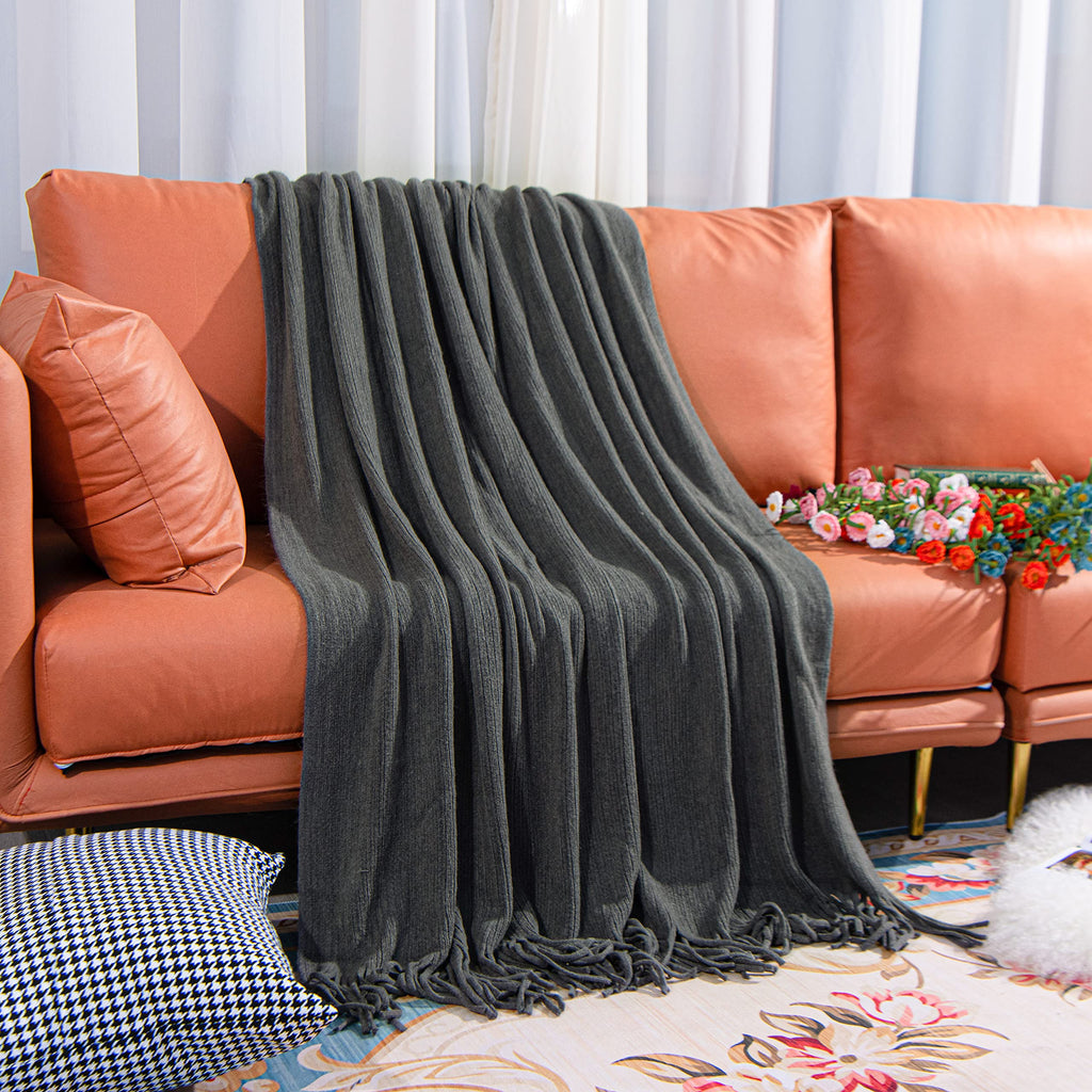 NTBAY Acrylic Knitted Throw Blanket, Lightweight and Soft Cozy Decorative Woven Blanket with Tassels for Travel, Couch, Bed, Sofa, 51x67 Inches, Grey Wave