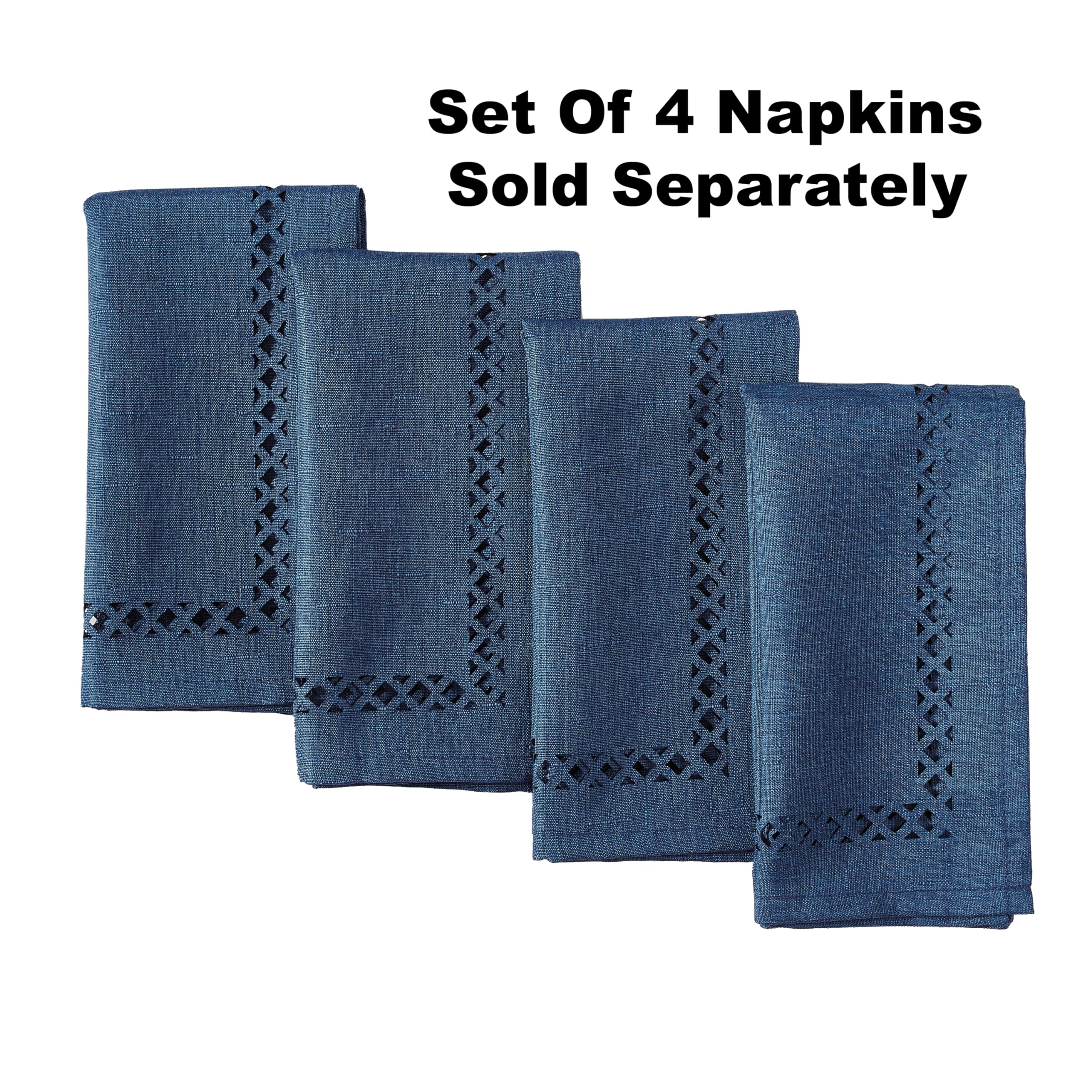 Newbridge Rectangle Fabric Placemats, Set of 4 Placemats, Provence Lattice Cutwork Solid Color Textured, Water and Stain Resistant Easy Care, Denim Blue