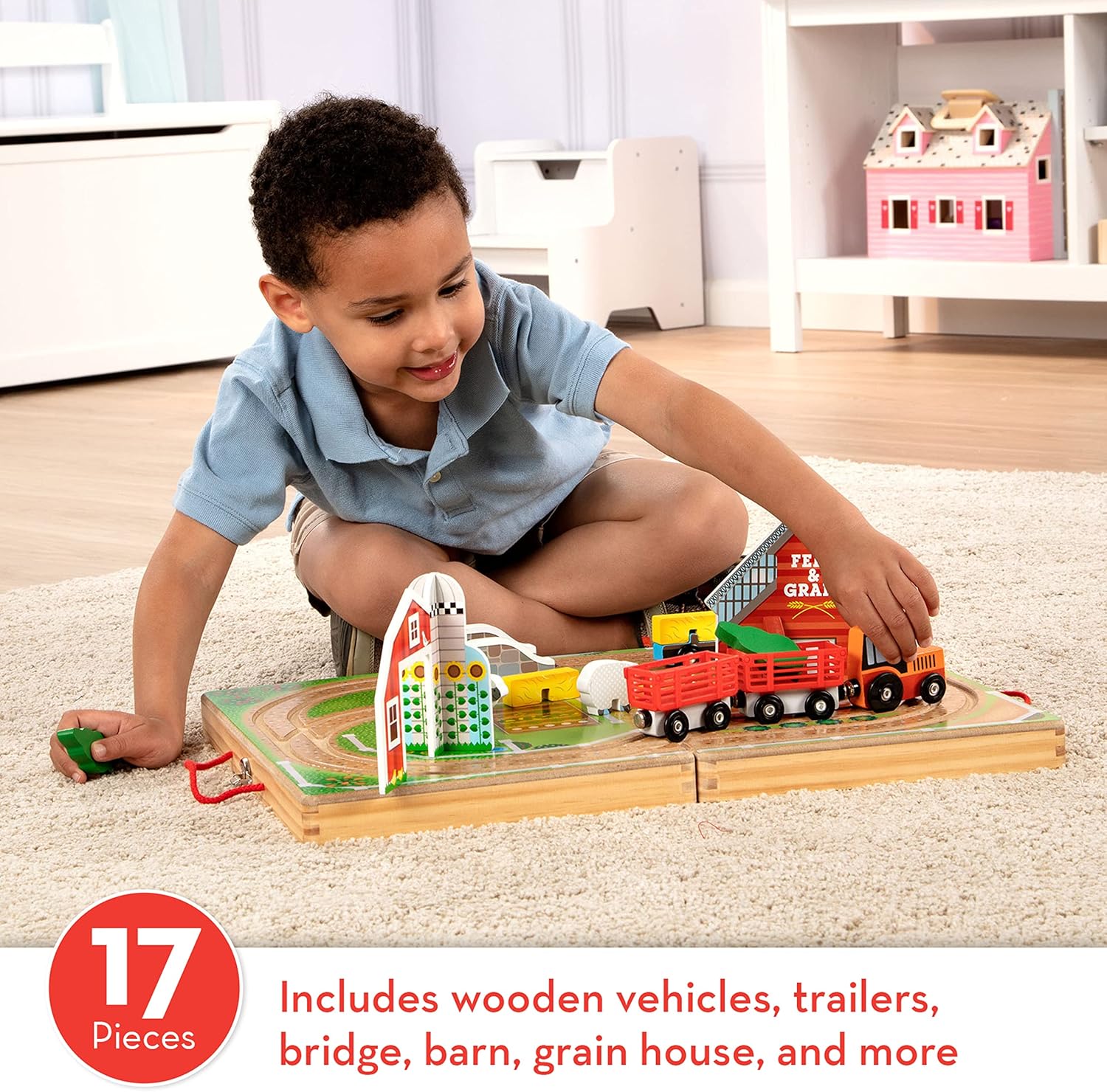 Melissa & Doug 17-Piece Wooden Take-Along Tabletop Farm, 4 Farm Vehicles, Play Pieces, Barn, Grain House Take-Along Pretend Play Toy Barn Toys for Toddlers Ages 1+