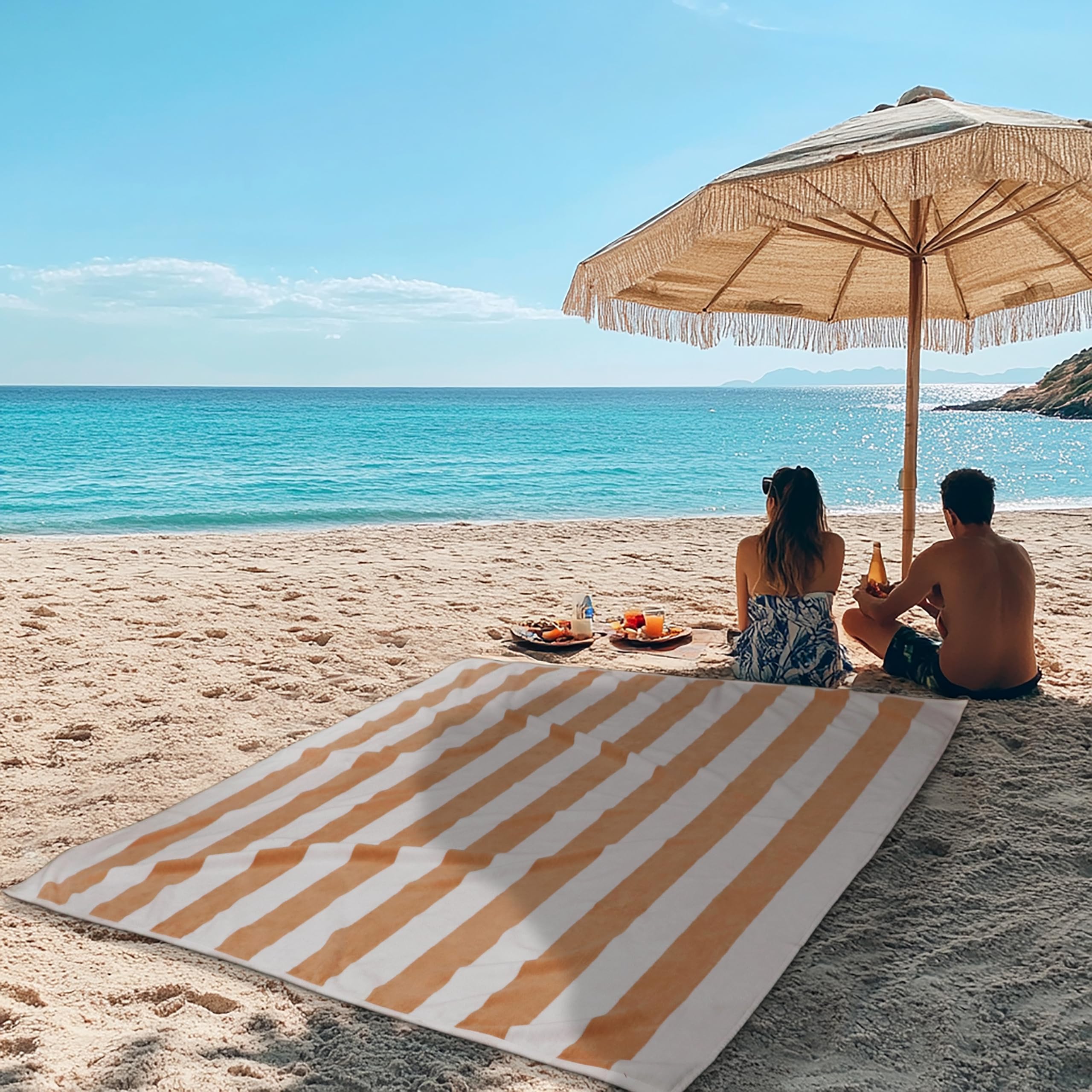 COTTON CRAFT Ombre Stripe Extra Wide Beach Towel for Two - 58x68 - Pure Cotton - Double Woven Jacquard Thick Plush Super Soft Luxurious Velour Pile - Pool Picnic Bath - 450 GSM - Blue
