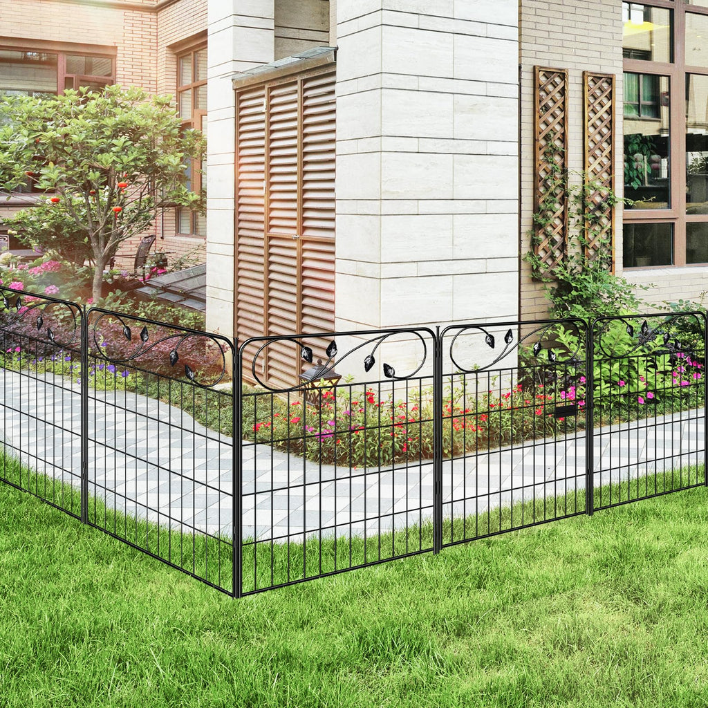 FOREHOGAR Decorative Metal Garden Fence 24in(H) X10ft(L) 5 Panels Leaf Black Rustproof Wire Border Fence for Landscape Patio Flower Bed Garden Fencing Panel Animal Barrier for Dogs