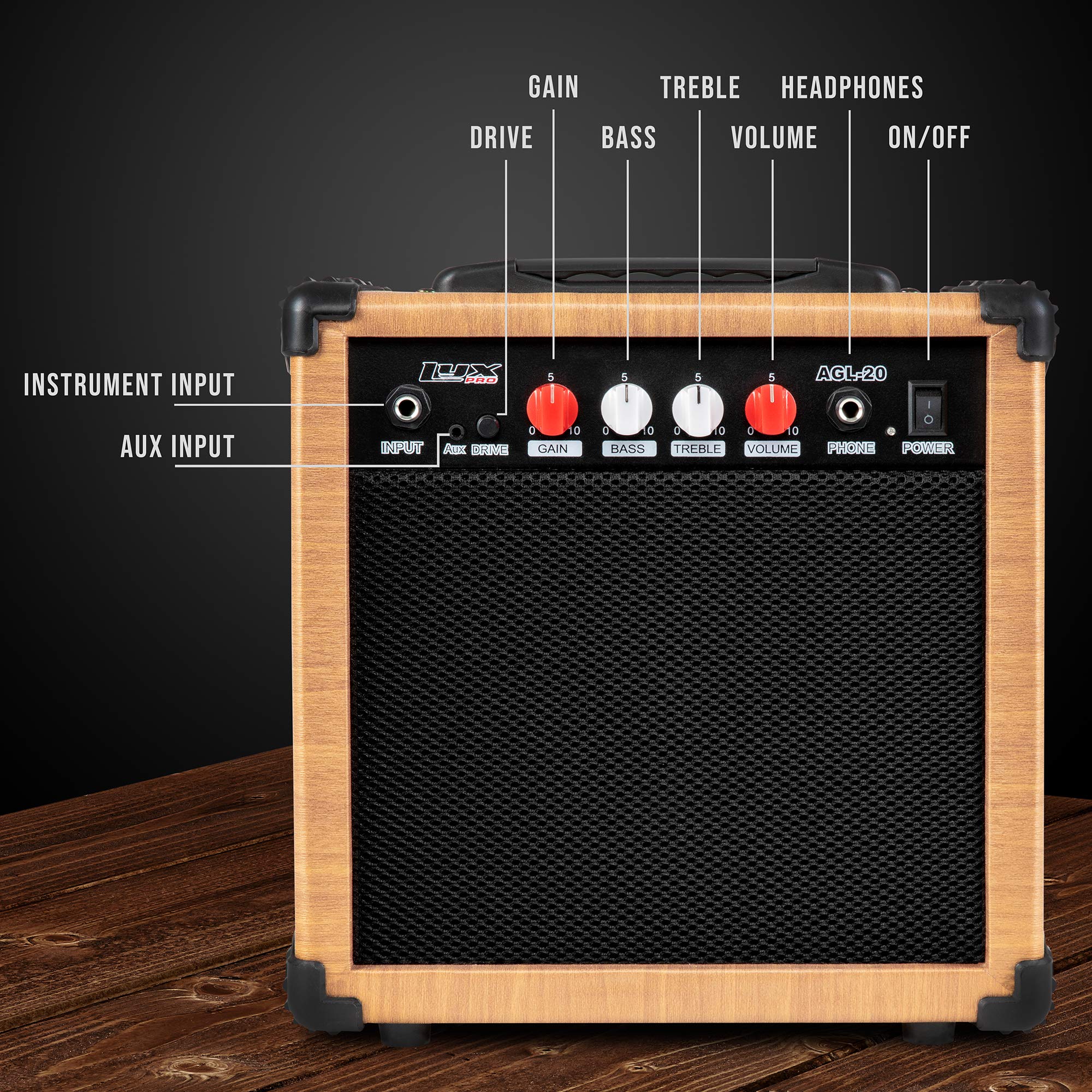 LyxPro Electric Guitar Amp 20 Watt Amplifier Built in Speaker Headphone Jack and Aux Input Includes Gain Bass Treble Volume and Grind - Black