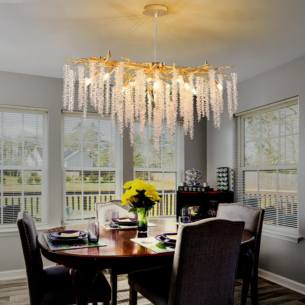 Modern Crystal Raindrop Chandelier, L40'' Black Linear Rectangle Art Deco Tree Branch Lighting Fixture for Kitchen Island Living Room Foyer Staircase 10 Lights