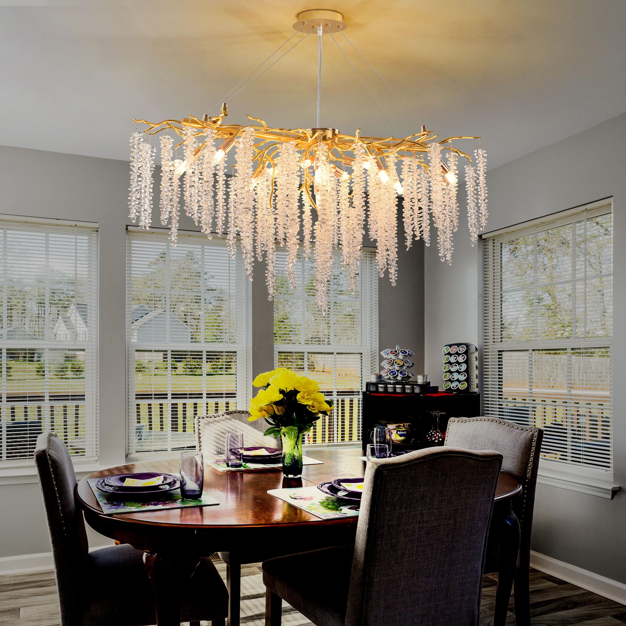 Modern Crystal Raindrop Chandelier, L40'' Black Linear Rectangle Art Deco Tree Branch Lighting Fixture for Kitchen Island Living Room Foyer Staircase 10 Lights