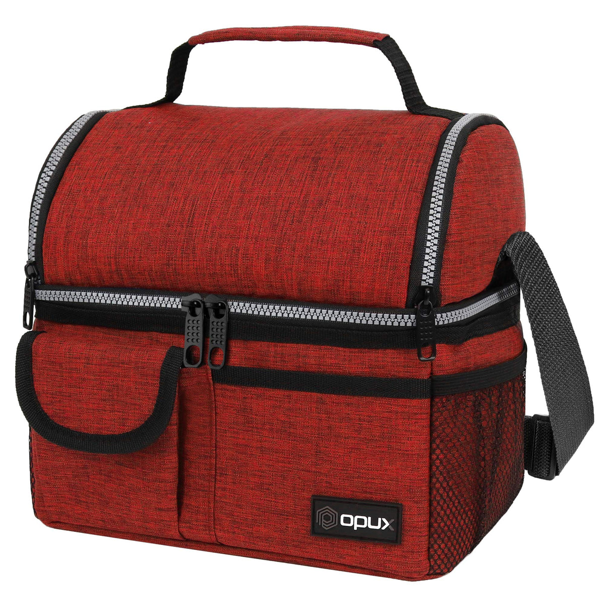 opux Insulated Lunch Bag Women Men, Dual Compartment Leakproof Lunch Box Adults Kids, Double Decker Meal Prep Bento Lunch Cooler Tote with Shoulder Strap for Work Office School Travel, Black