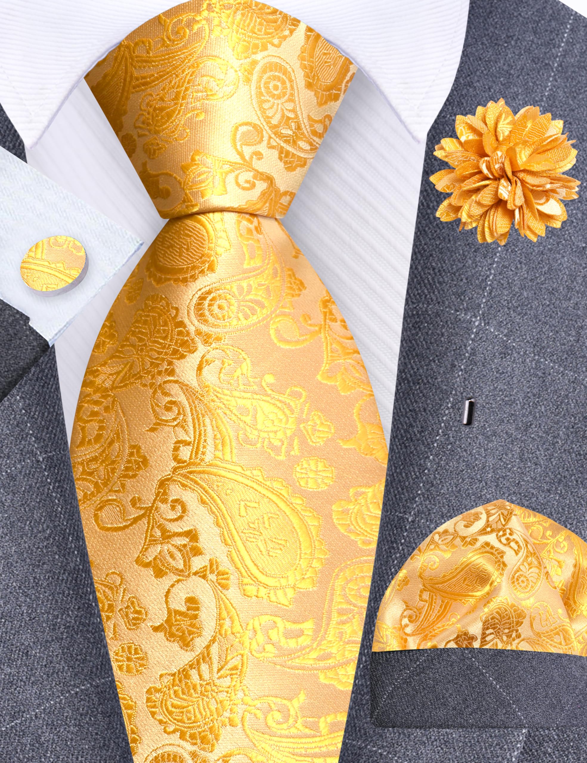 GUSLESON 3.15"（8cm） Mens Paisley Tie and Lapel Pin Necktie Hankerchief Cufflinks Set for Men