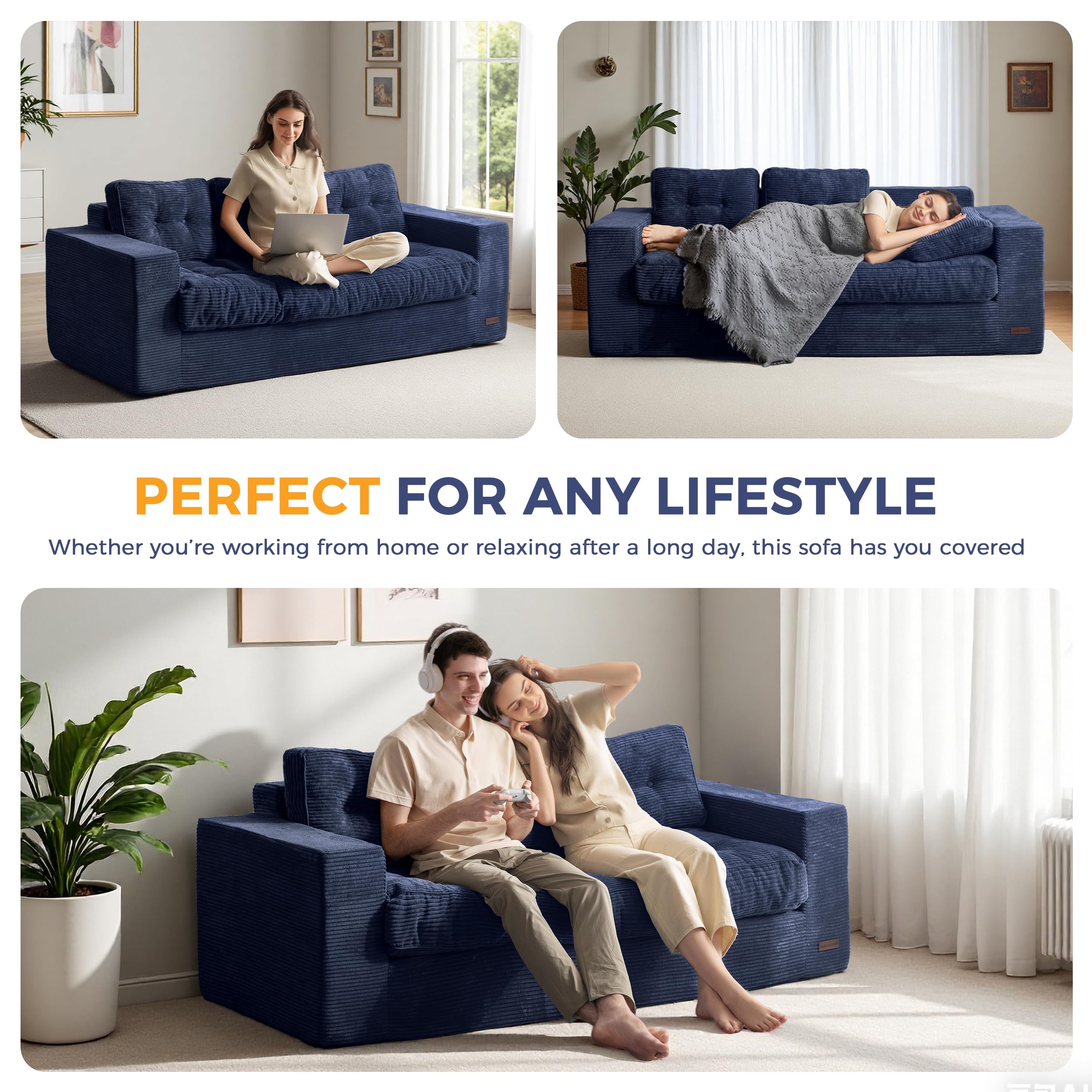 MAXYOYO 3 Seater Sofa Couch for Living Room, Tufted Boneless Couch Sofa Couch, Comfy Bubbled Bean Bag Chair for Apartment, No Assembly Needed, Beige