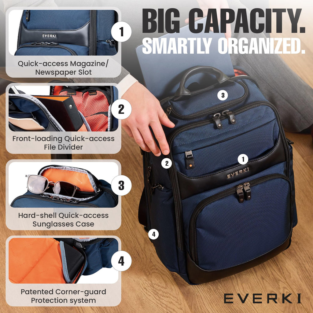 EVERKI Onyx 25L Business Laptop Backpack – Professional Travel Backpack for Men & Women, Laptop Bag with Premium Leather Ballistic & Nylon, Office & Flight Approved, Fits Laptops up to 15.6” - Black
