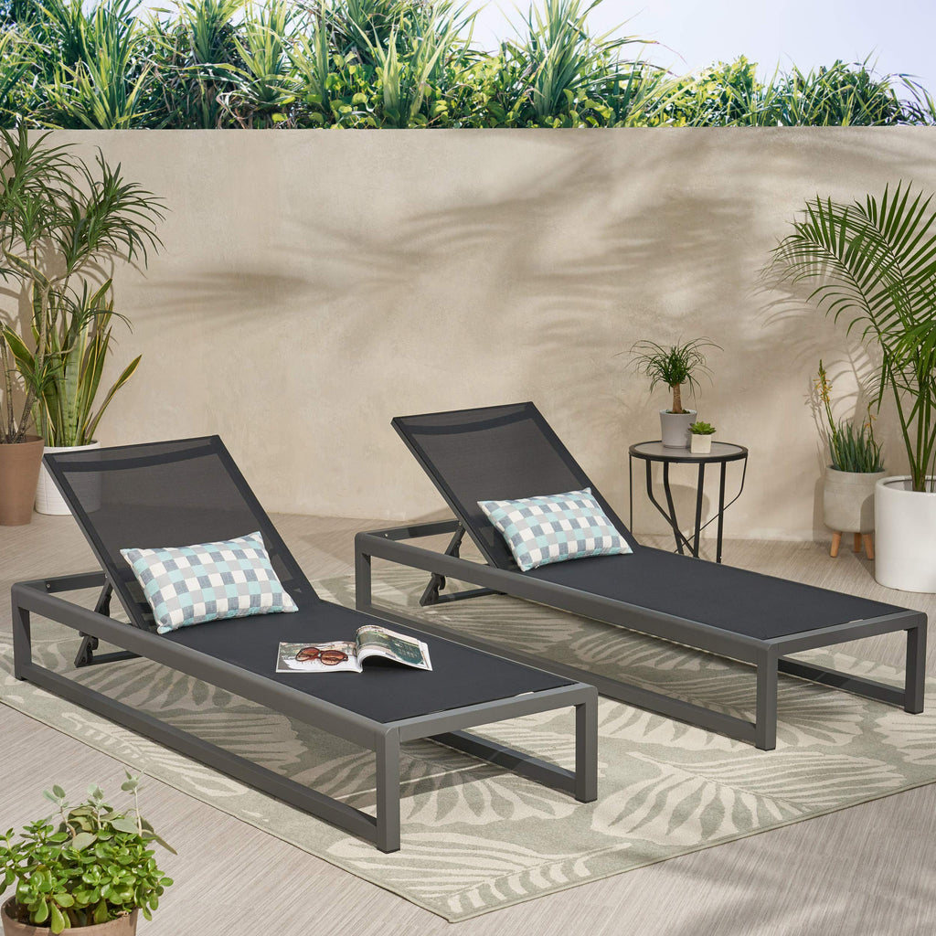 Christopher Knight Home Modesta Outdoor Aluminum Framed Chaise Lounges with Mesh Body, 2-Pcs Set, Black Finish / Grey Mesh