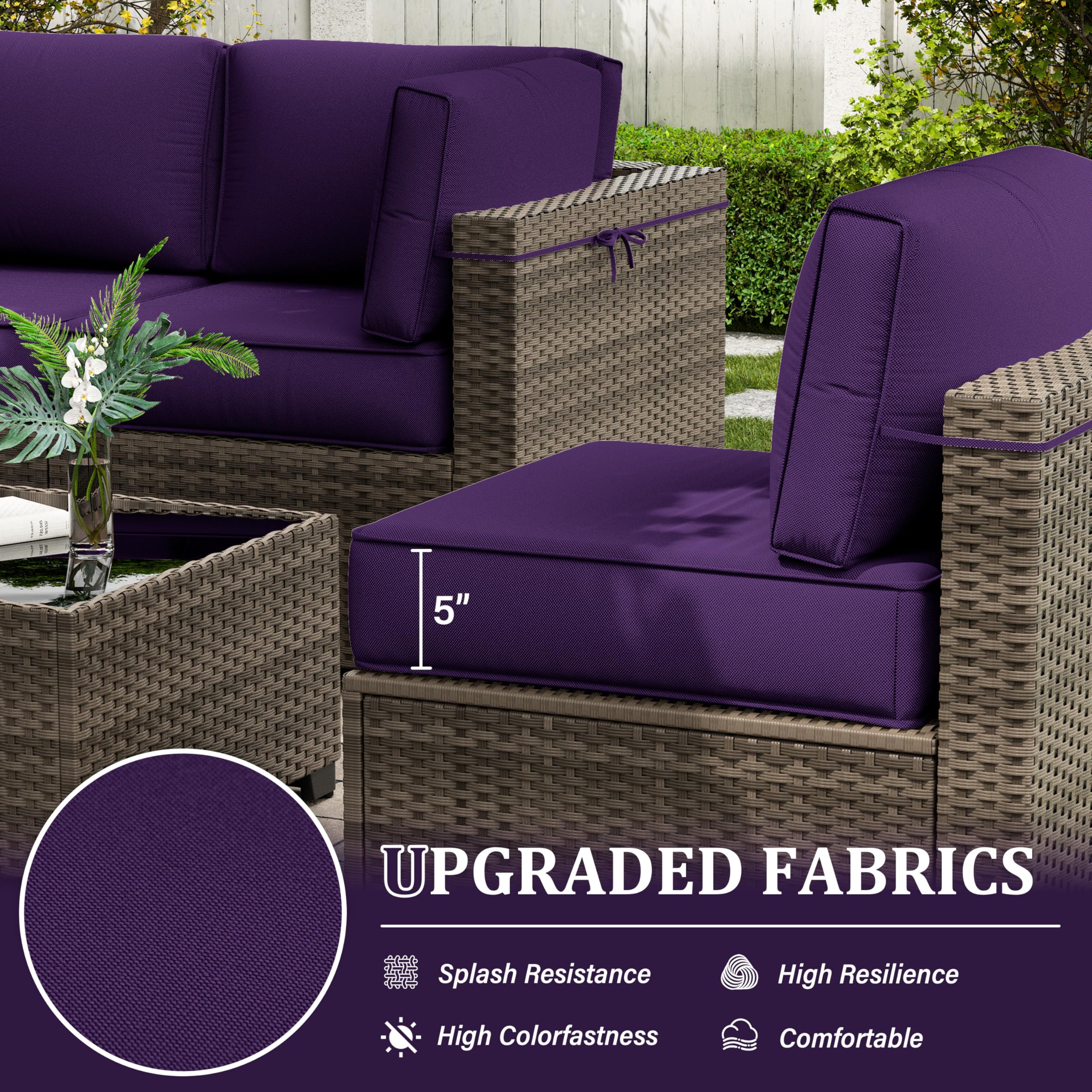 Outdoor Furniture Replacement Cushions, 5" Foam Foam High-Density, Fits 6-seat Sectional Rattan Conversation Set, 14 Piece Patio Water-Resistant Replacement Sofa Cushions, Liner&Cover