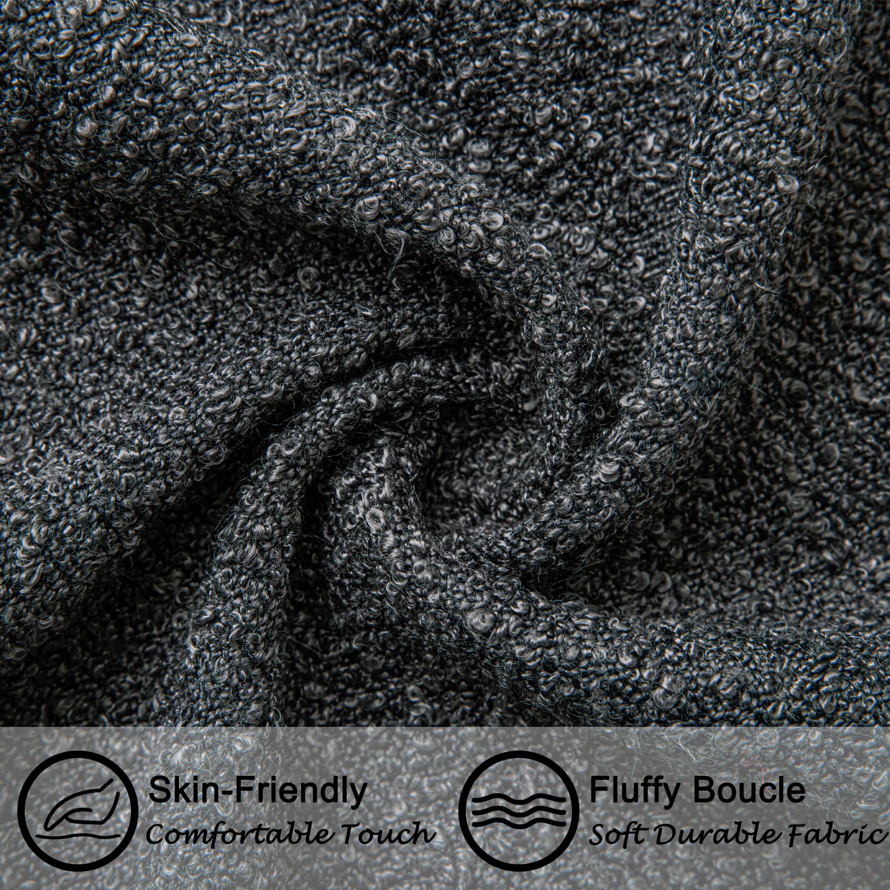 18"x18" Charcoal Black Boucle Throw Pillow Covers with Faux Leather Accents Set of 2 Fluffy Textured Decorative Pillow Cases for Couch Bed Boho Farmhouse Square Cushion Covers for Nordic Home