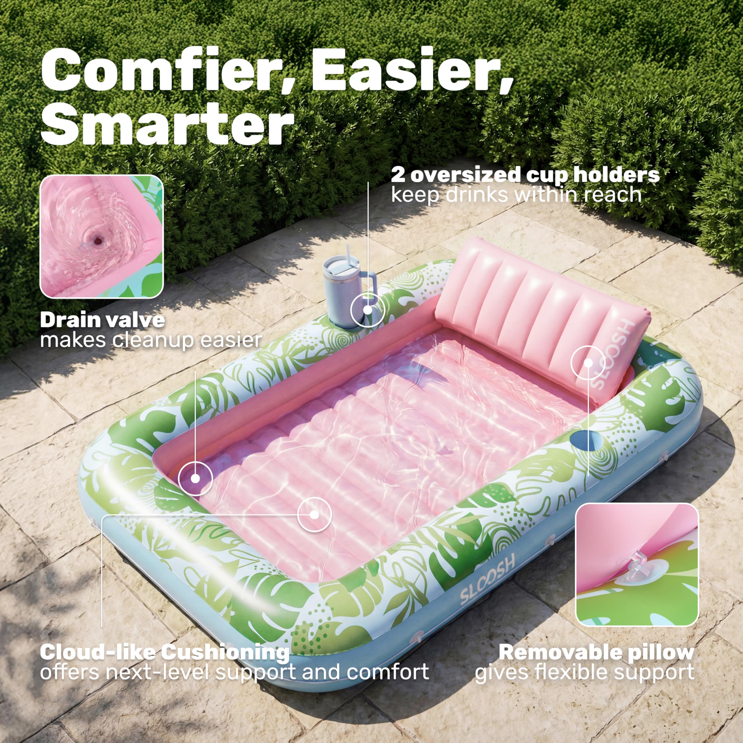 SLOOSH Inflatable Tanning Pool Lounger Float, 85" x 57" Extra Large Pool Floats Adult with Pillow, 4 in 1 Suntan Tub Raft Floatie,Sunbathing Bed Lounge for Water Blow Up Ball Pit Party Gifts, XL-Blue