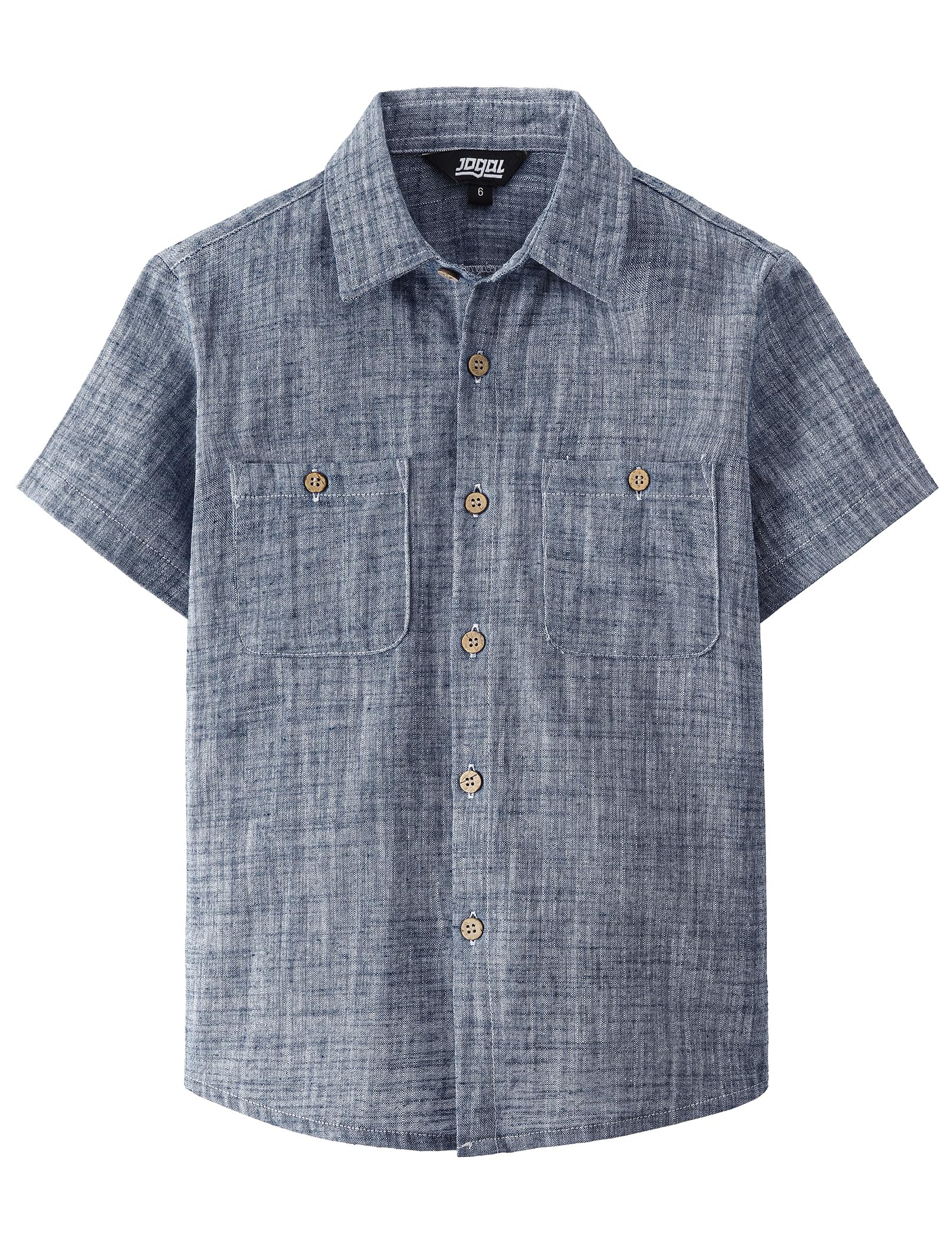 JOGAL Boys Chambray Shirts Short Sleeve Button Down Casual Cotton Woven Shirt with Two Pockets for Kids 6-14 Years