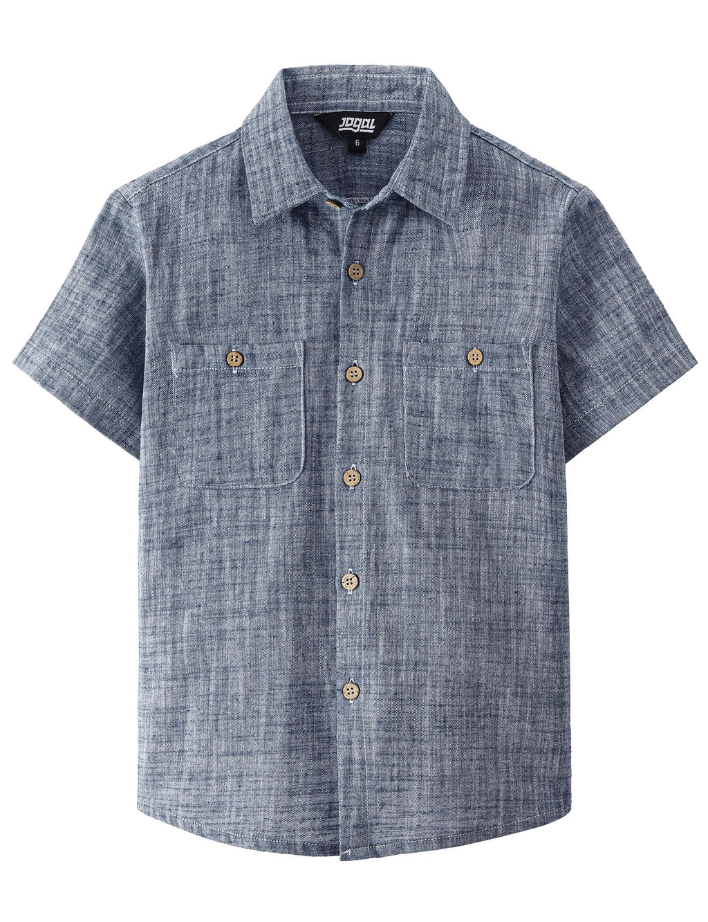 JOGAL Boys Chambray Shirts Short Sleeve Button Down Casual Cotton Woven Shirt with Two Pockets for Kids 6-14 Years