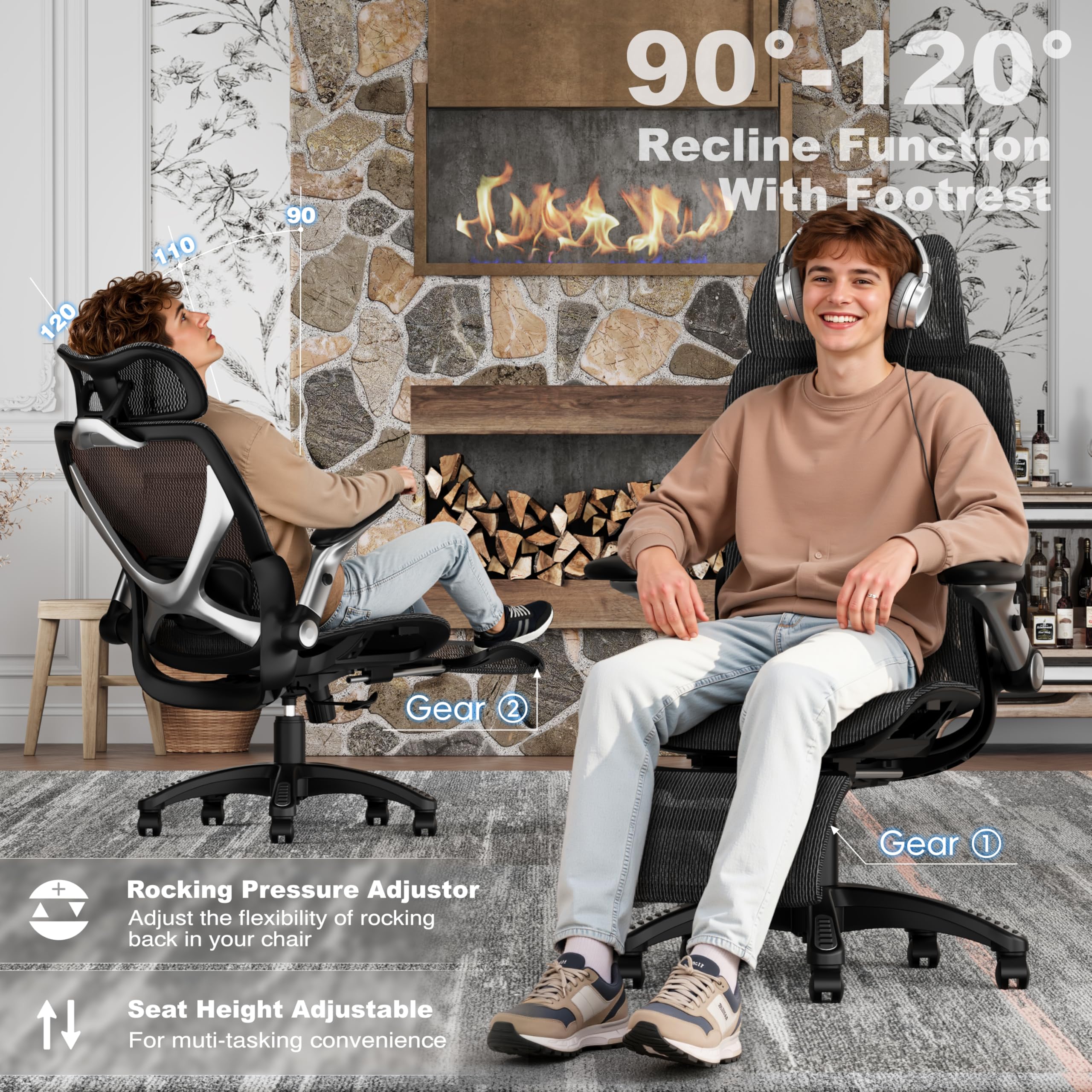 ELABEST X100 Ergonomic Office Chair with Footrest, Big and Tall Home Desk Chair with 5D Flip-Up Arms, Adjustable 3D Lumbar Support,High Back Rolling Computer Chair, Swivel Mesh Chairs (Coffee Break)