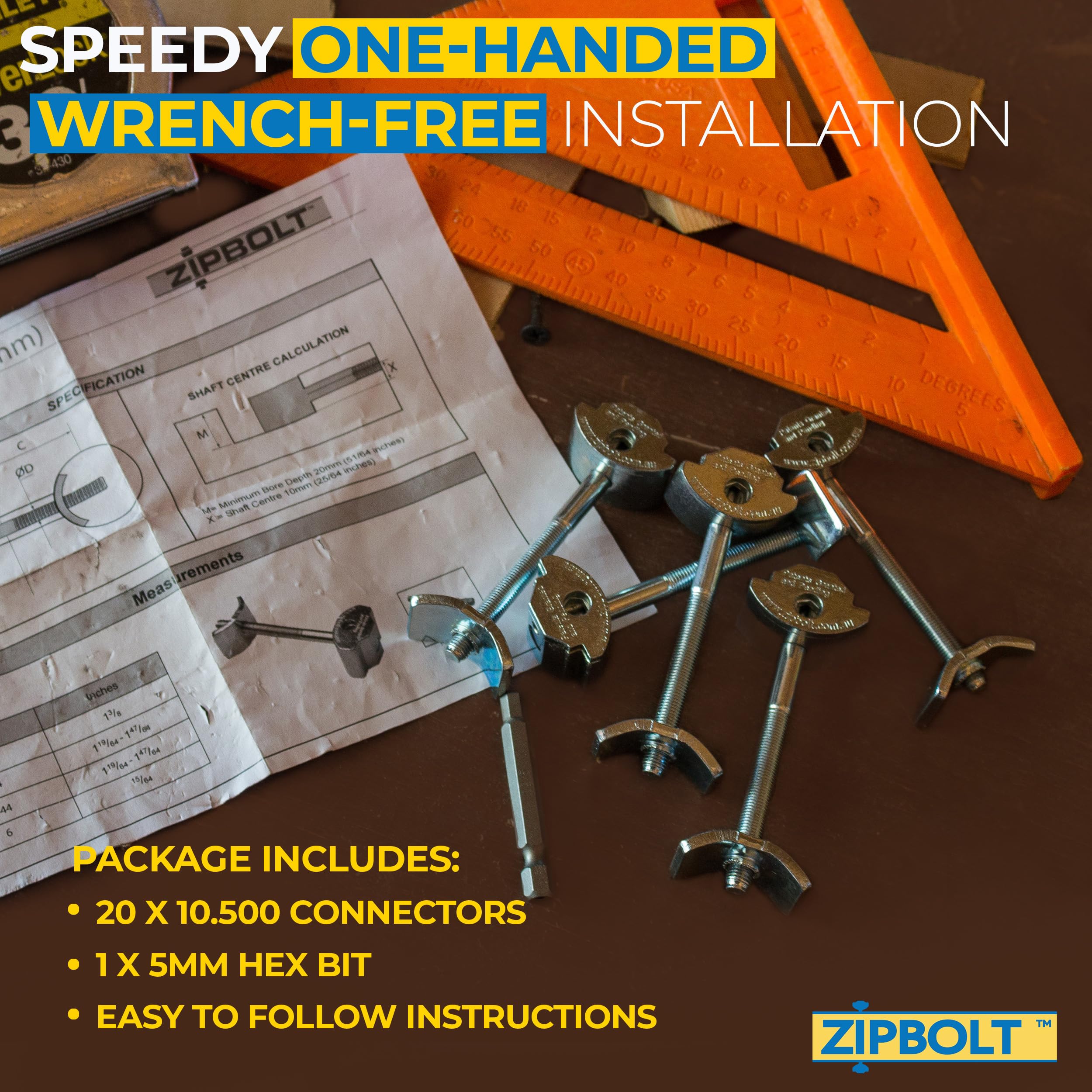 Zipbolt 10.800 Countertop Miter Connector — 20 Piece Joint Fastener Drawbolt Pack with 5mm Hex Bit for Joining Countertops, Butcher Blocks, Furniture, and More - Single-Handed Tightening