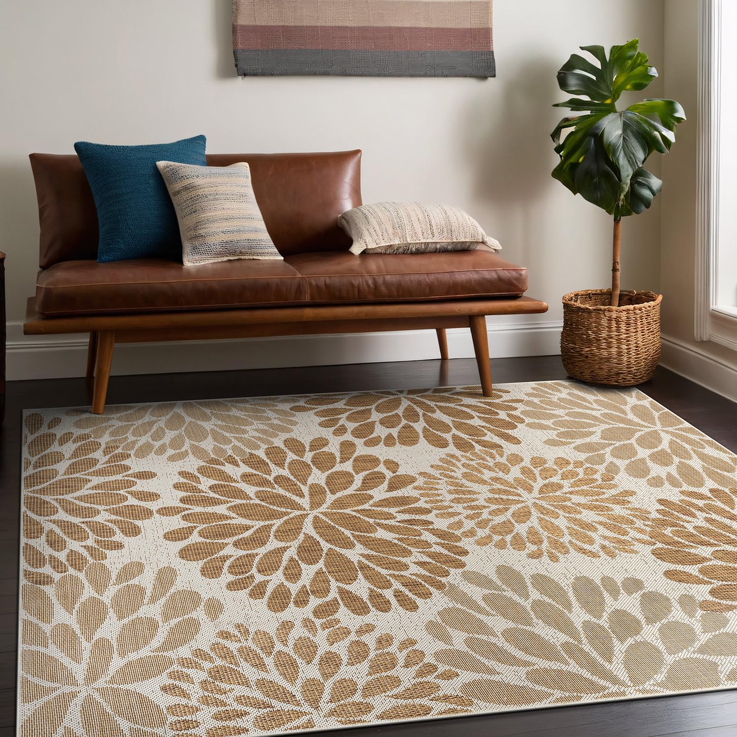Beverly Rug Outdoor Rug 5x7 Modern Bordered Area Rugs for Indoor and Outdoor Patio Deck Porch Garden Waterproof Weather Sun Resistant Washable Outside Carpet (5 x 7 Beige)
