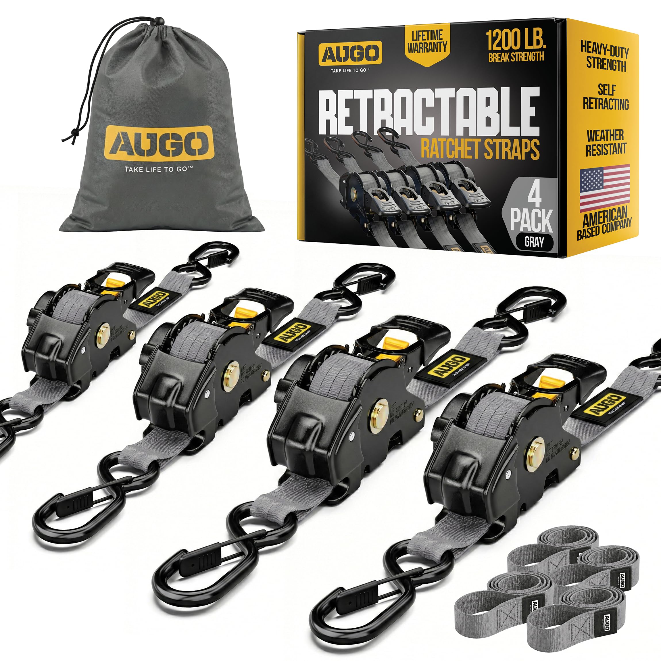 AUGO Retractable Ratchet Straps | 2 Heavy Duty Ratchet Straps Self Retractable Tie Downs with Soft Loops & Storage Bag for Motorcycle, Truck, Trailer, Cargo Van | 1200 Lb Break Strength 1” x 10’