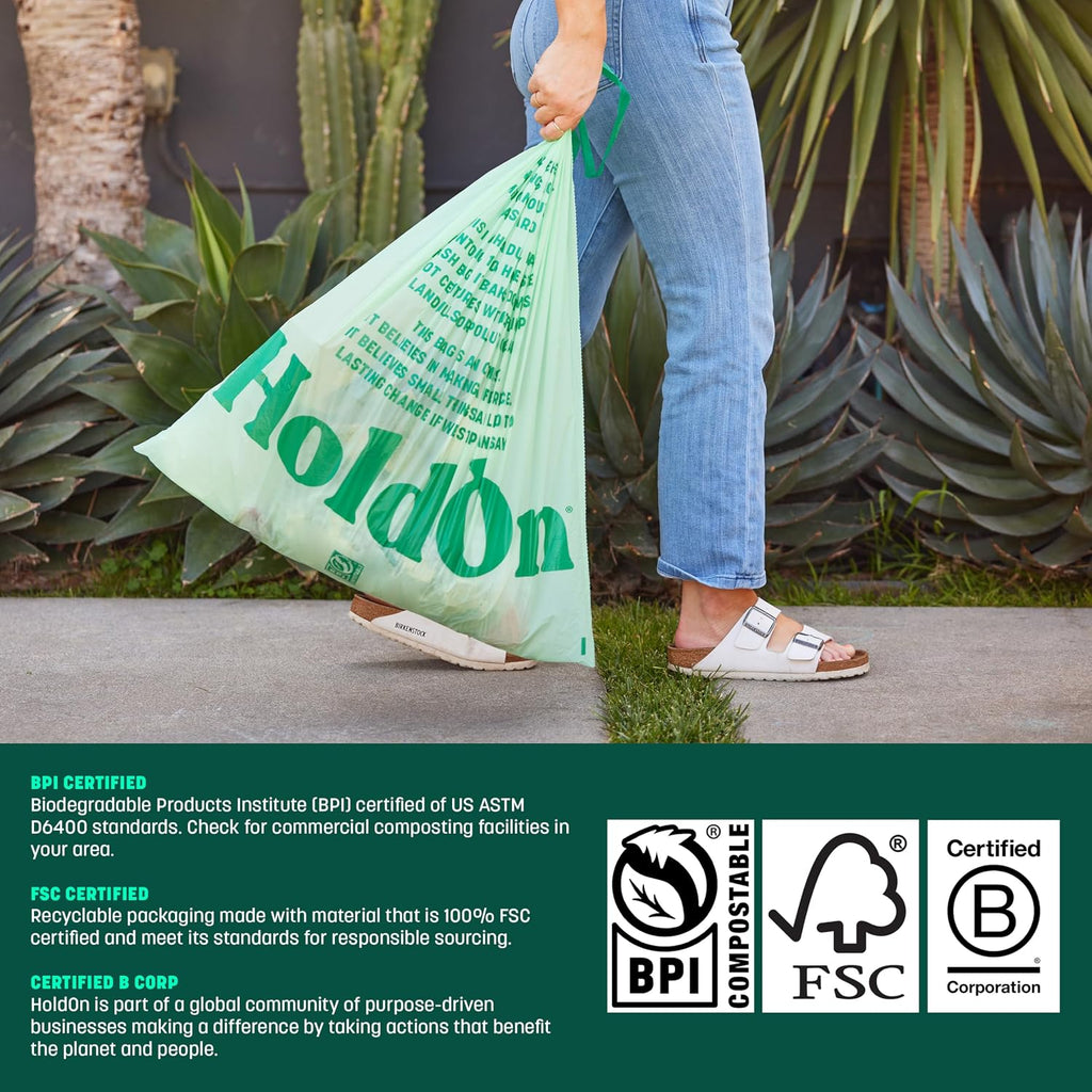 HoldOn Compostable Tall Kitchen Drawstring Bags, 13 Gallon - Leak-Resistant Triple-Ply Plant-Based Kitchen Bags for Trash, Compost & Bin Liners, BPA-Free, BPI Certified, 40 Count