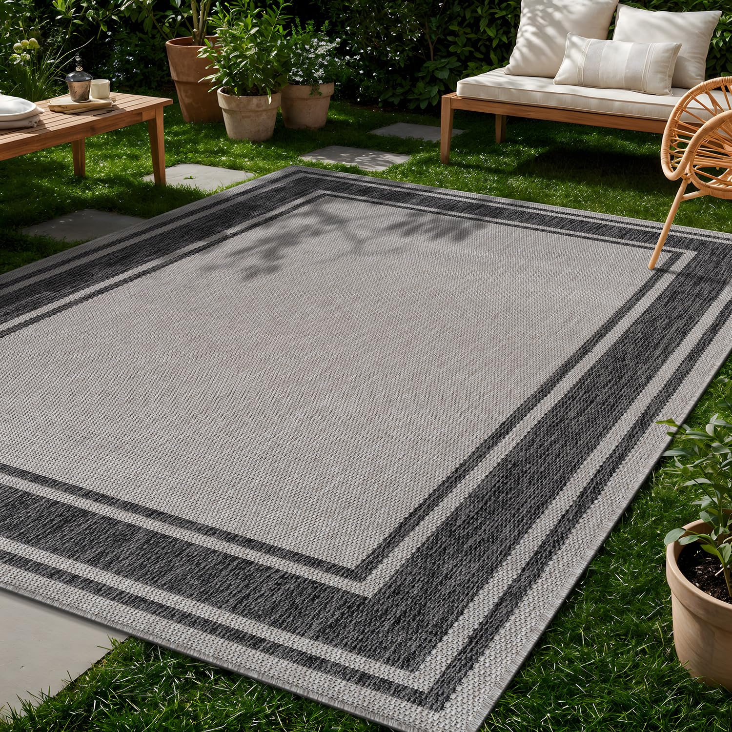 Beverly Rug Outdoor Rug 5x7 Modern Bordered Area Rugs for Indoor and Outdoor Patio Deck Porch Garden Waterproof Weather Sun Resistant Washable Outside Carpet (5 x 7 Beige)