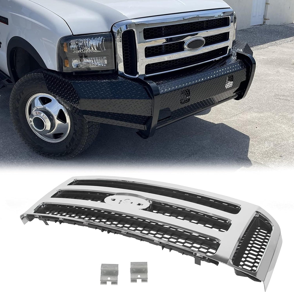 HECASA Front Grille Compatible with 1999-2004 Ford Super Duty F-250 F-350 Excursion (New Front Chrome Grille) 2006 Style W/Detachable Mesh Insert