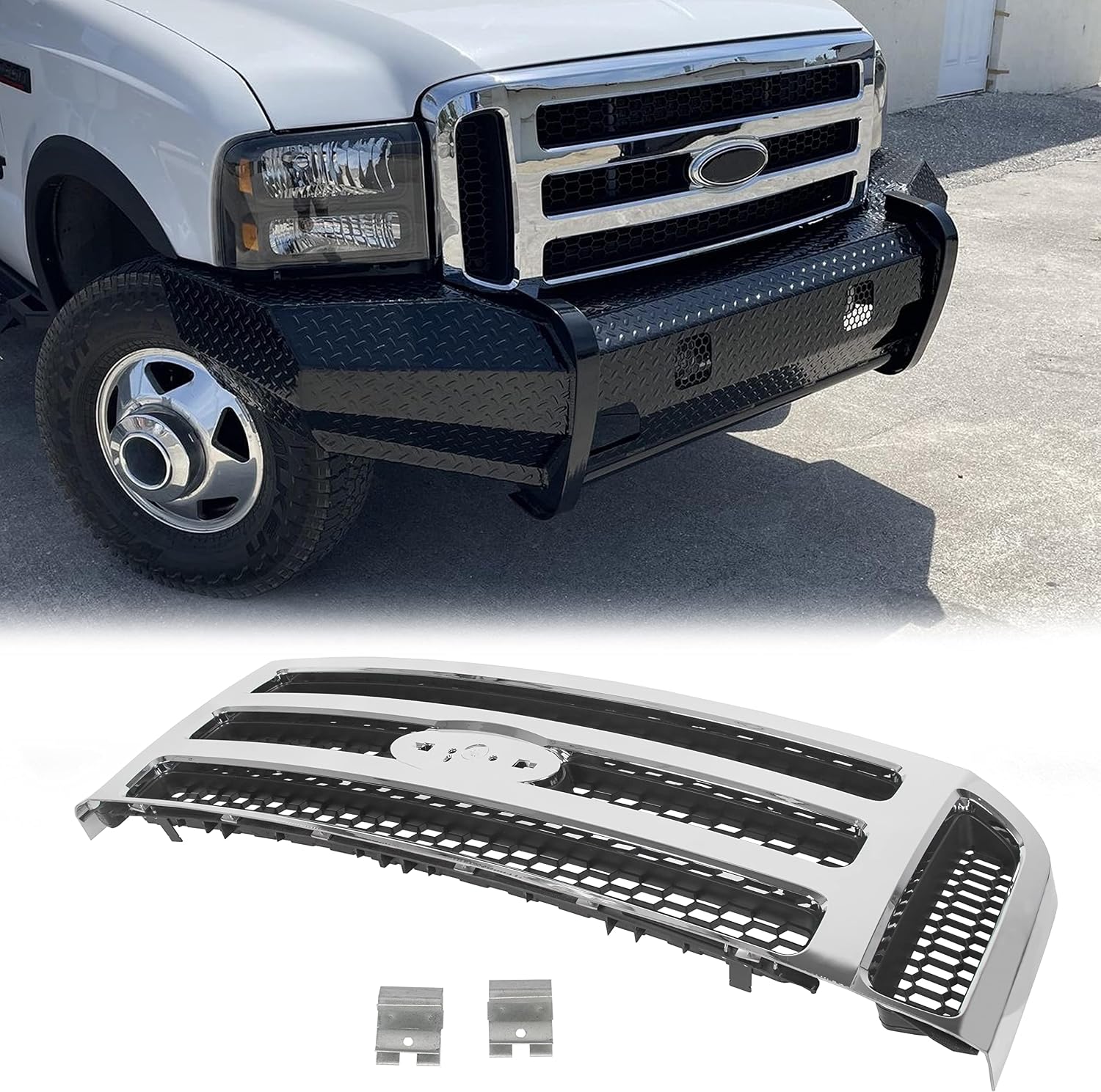 HECASA Front Grille Compatible with 1999-2004 Ford Super Duty F-250 F-350 Excursion (New Front Chrome Grille) 2006 Style W/Detachable Mesh Insert